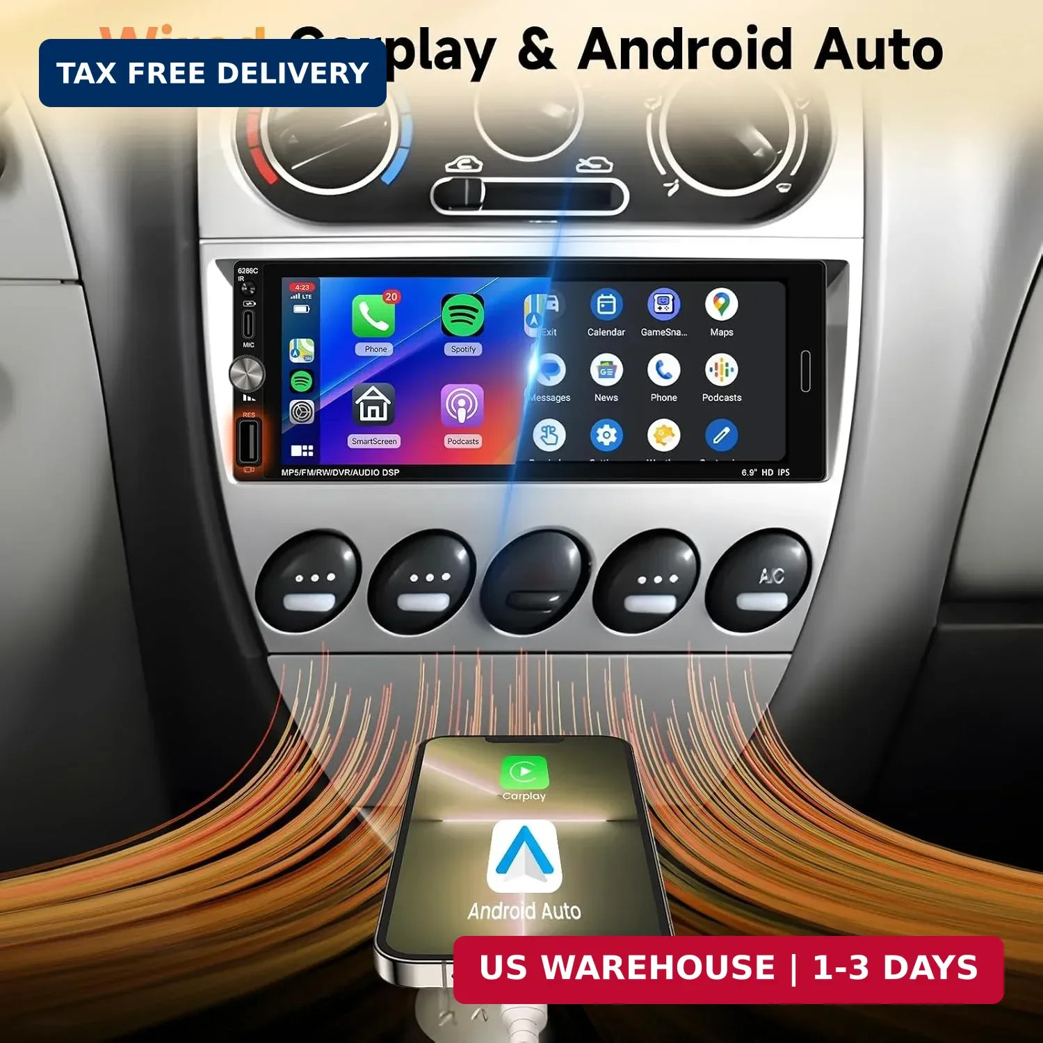 Single Din Car Stereo Compatible with Carplay Android Auto, METEESER 6.9 Inch Bl