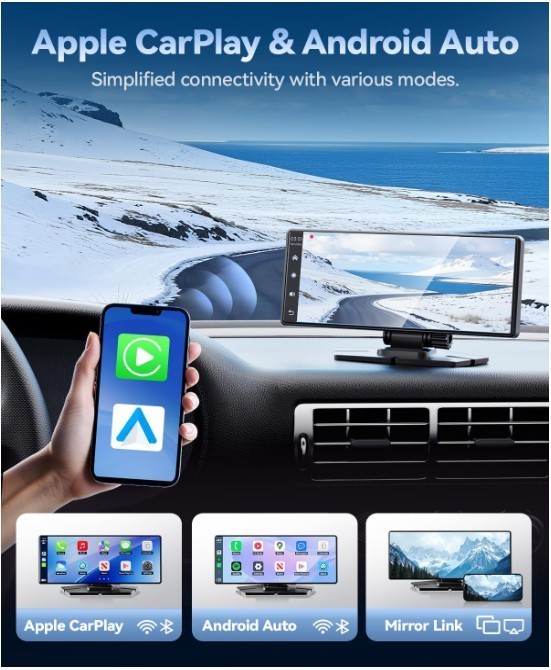 8.1″ Portable CarPlay Screen w/ Dash Cam, GPS (No Backup Camera)