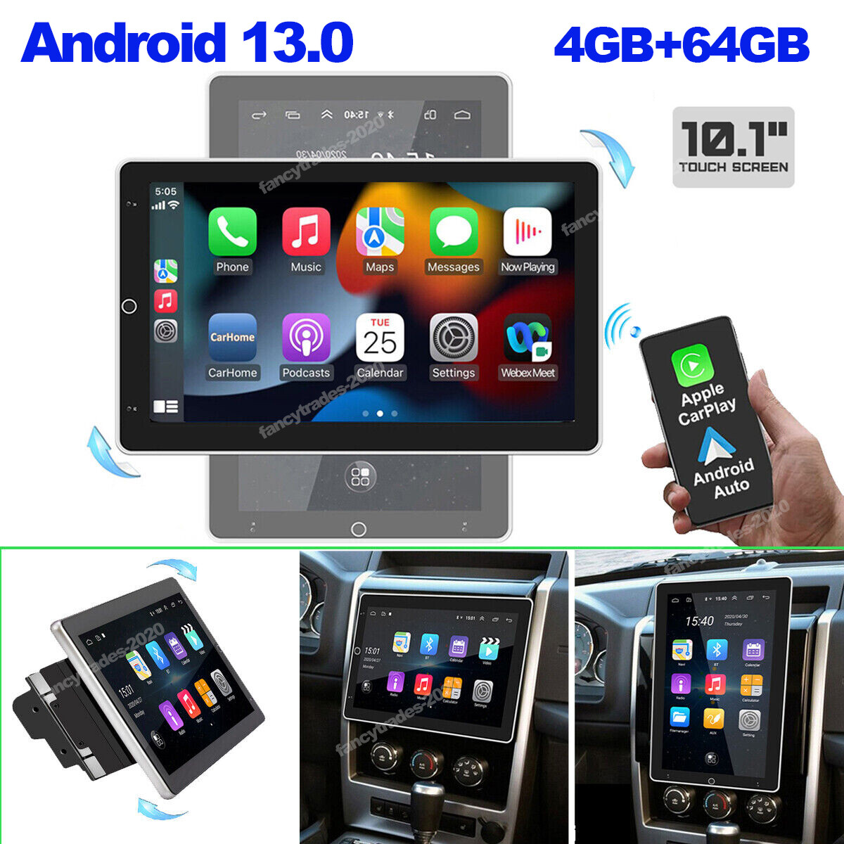 Rotatable 10.1” Android 13 Car Stereo Radio GPS Wifi 4+64GB Double 2DIN Carplay