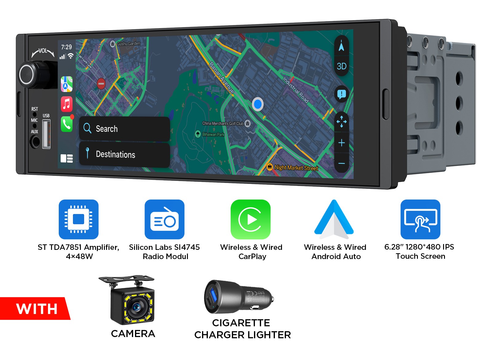 1DIN 6.28″ IPS Android Auto Car Stereo Head Unit Apple CarPlay GPS Sat Nav 4x48W