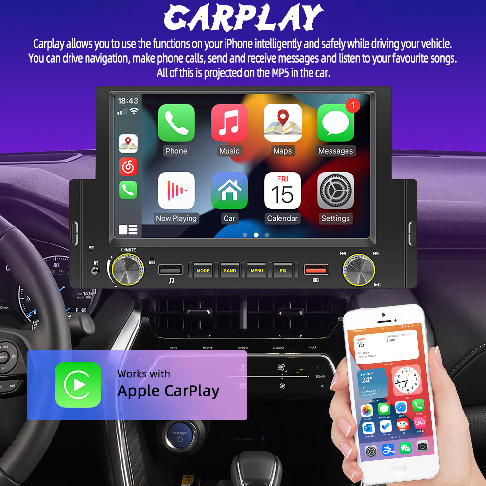 6.2″ Single 1 Din Apple/Android Carplay Car Stereo Radio Bluetooth Touch Screen