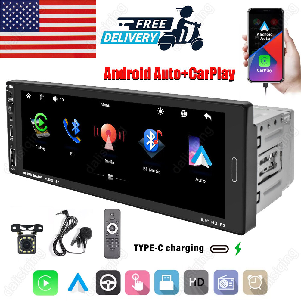 Single Din Car Stereo Wireless Apple CarPlay 6.9 Touchscreen Bluetooth Radio USB