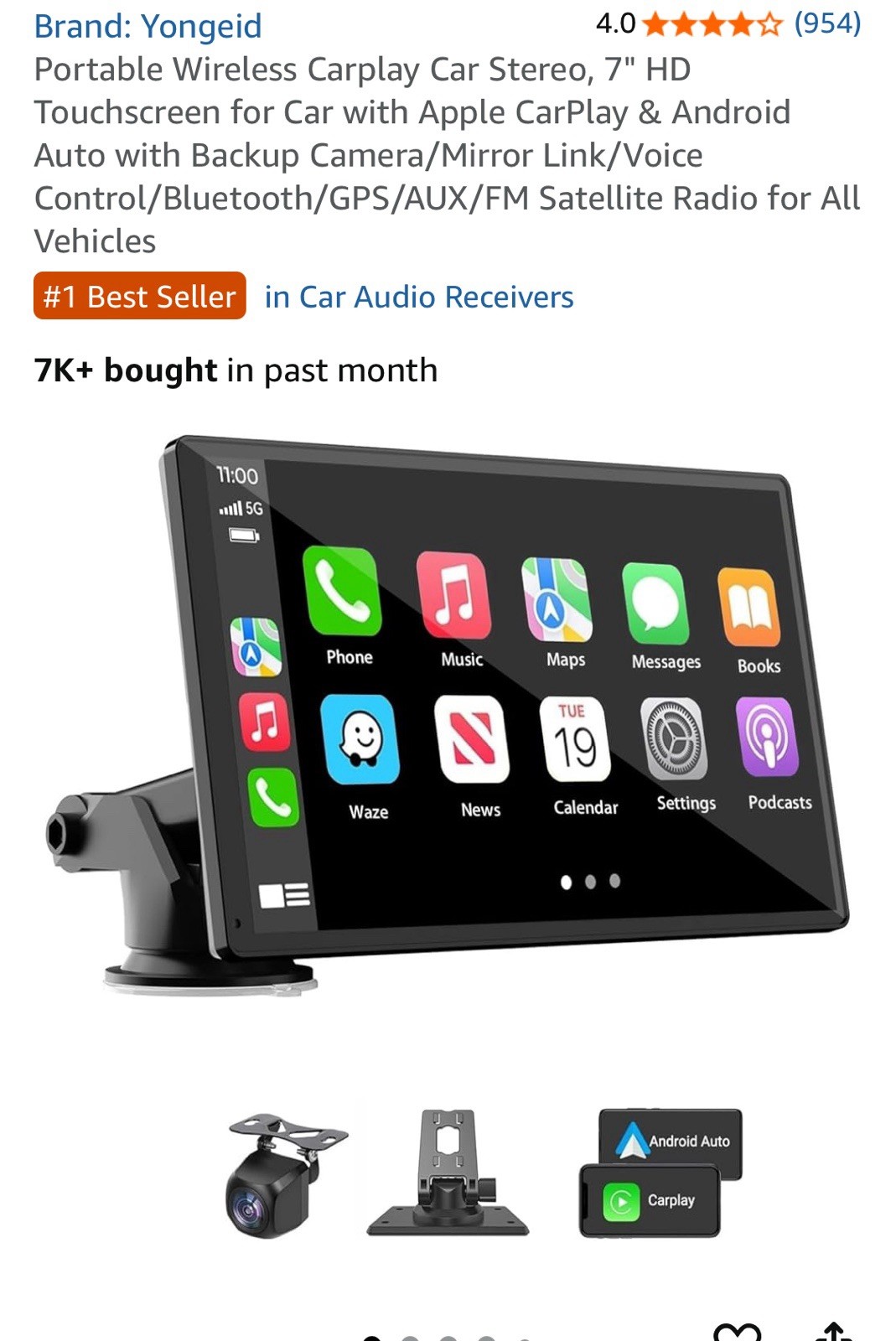 Portable Wireless Car Stereo, 7″ HD Touchscreen CarPlay Android Camera Mirroring