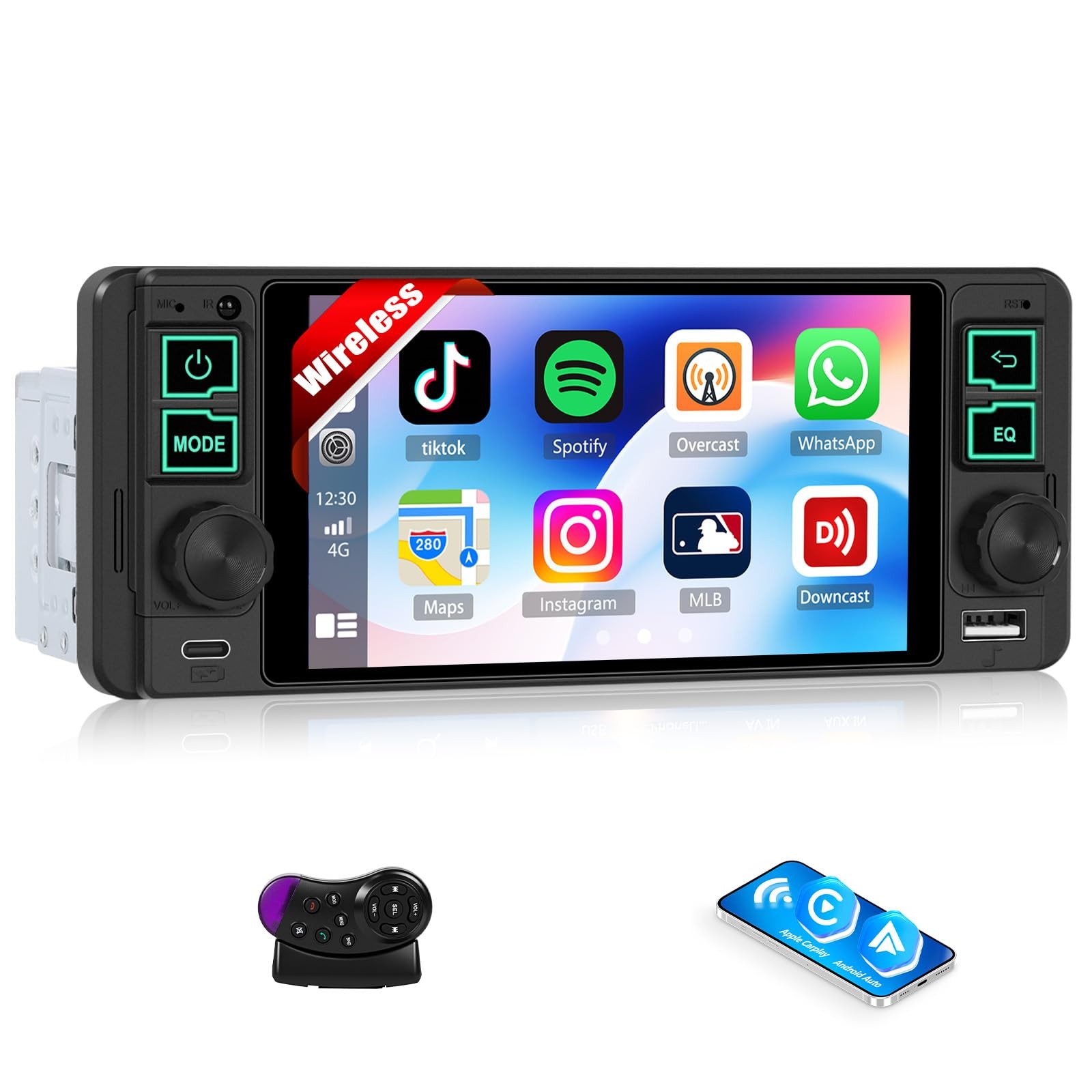 Single Din Radio Car Stereo with Wireless and Wired CarPlay & Android Auto…