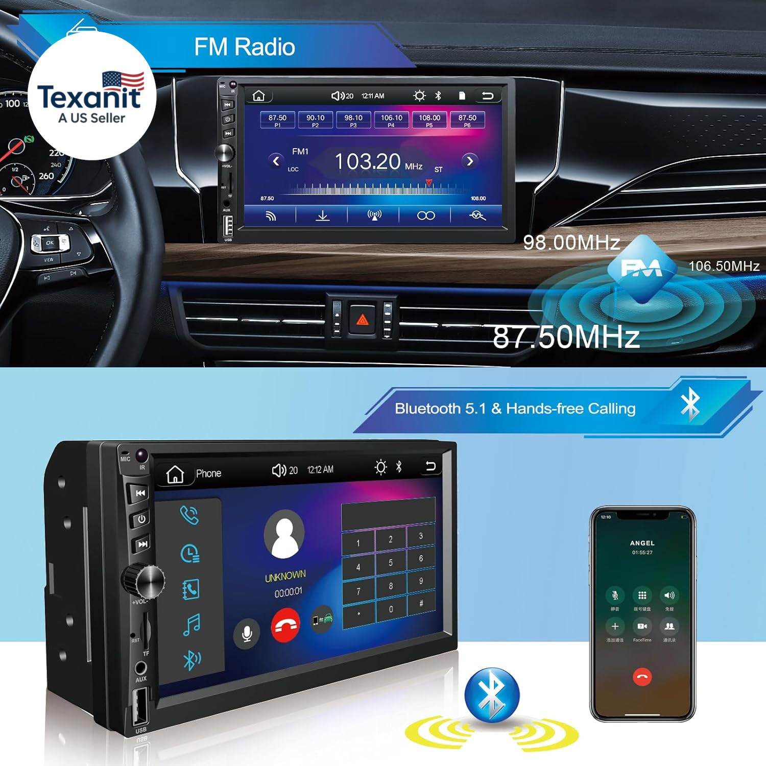 Wireless Double Din Car Stereo Works with Apple Carplay,7 Inch HD 1024 * 600 Tou