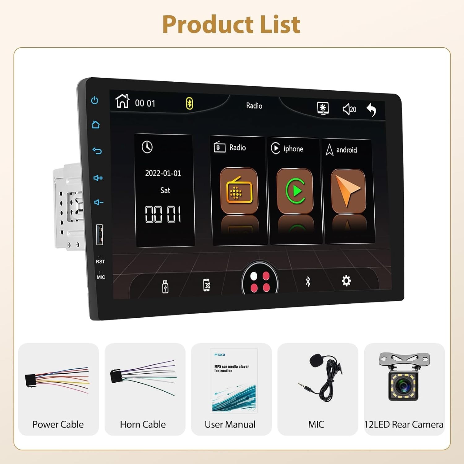 9″ Android Auto Carplay Stereo Single DIN Universal with Backup Camera