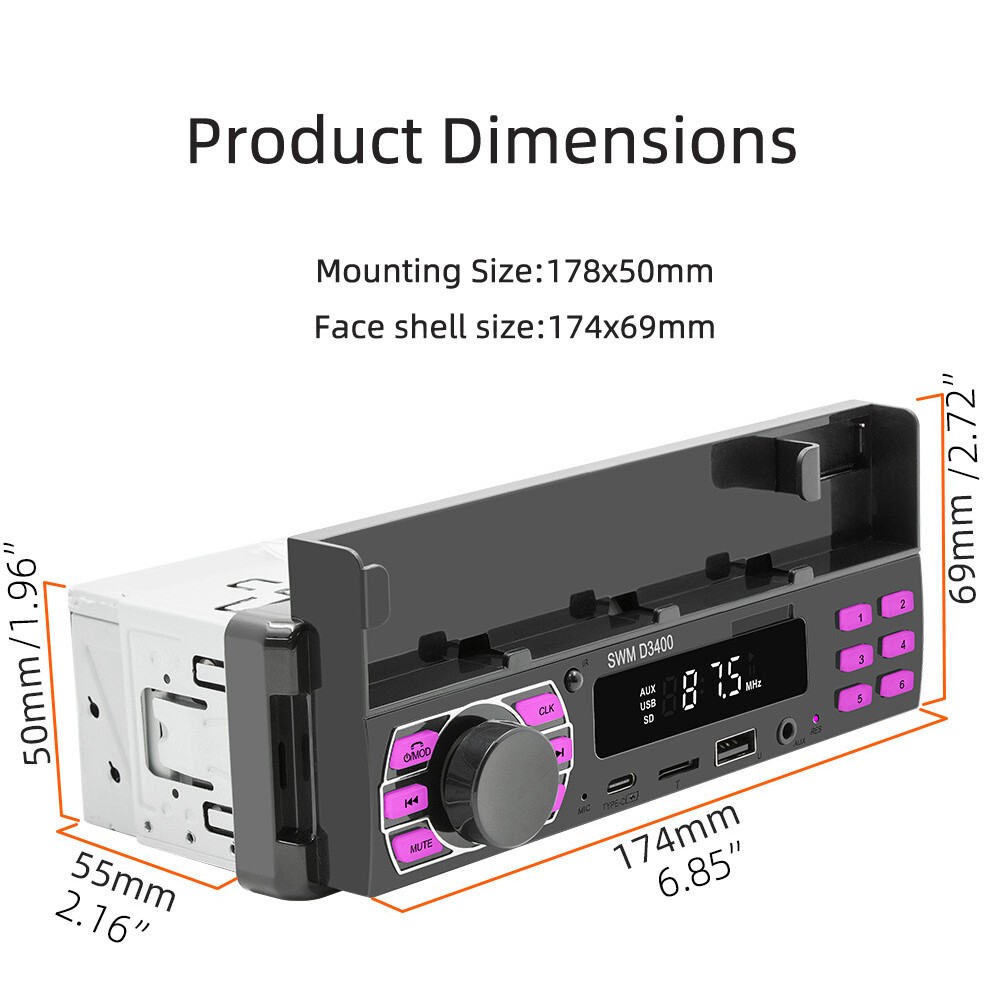 Voice Control Bluetooth TYPE-C USB FM TF MP3 Player Single 1DIN Car Stereo Radio