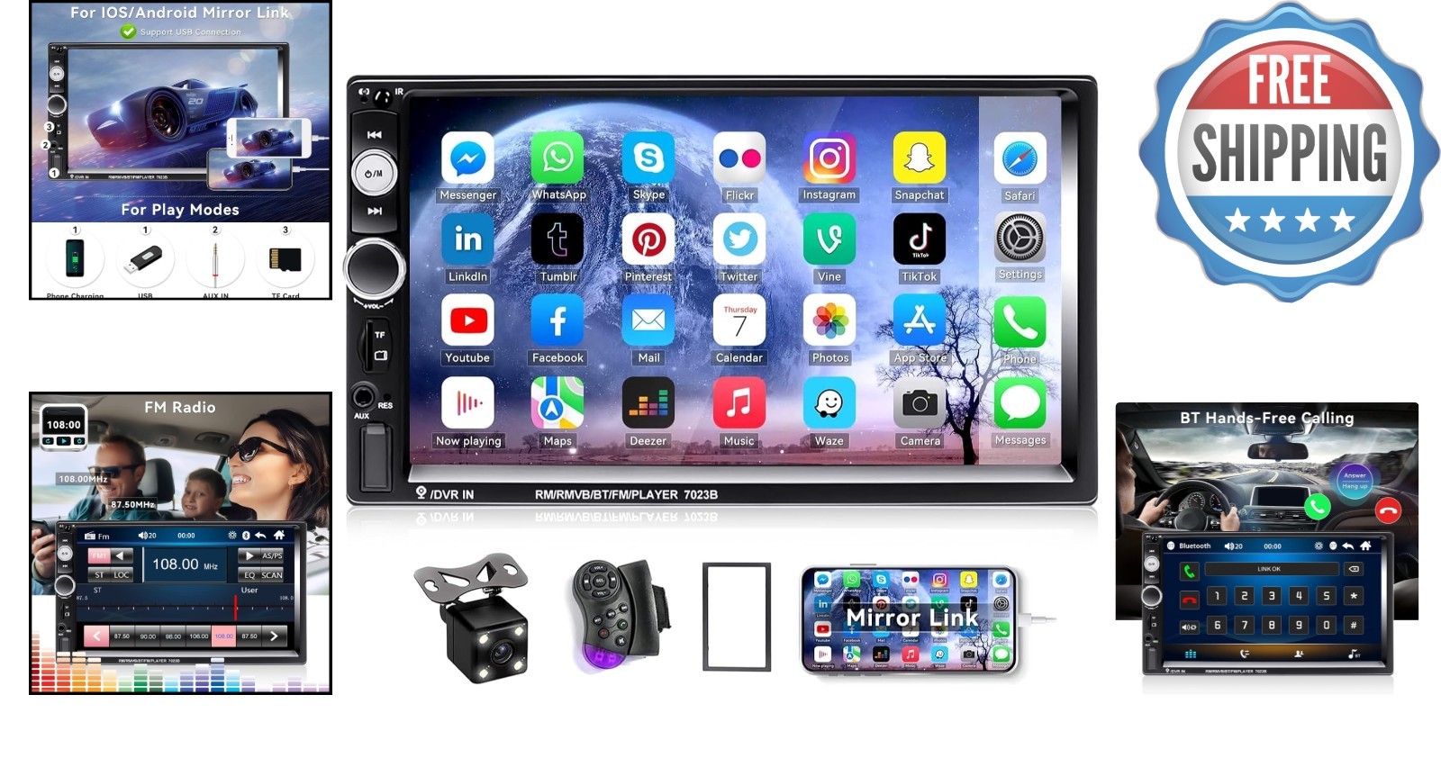 7″ HD Bluetooth Double Din Car Stereo with Steering Wheel Remote & Backup Cam