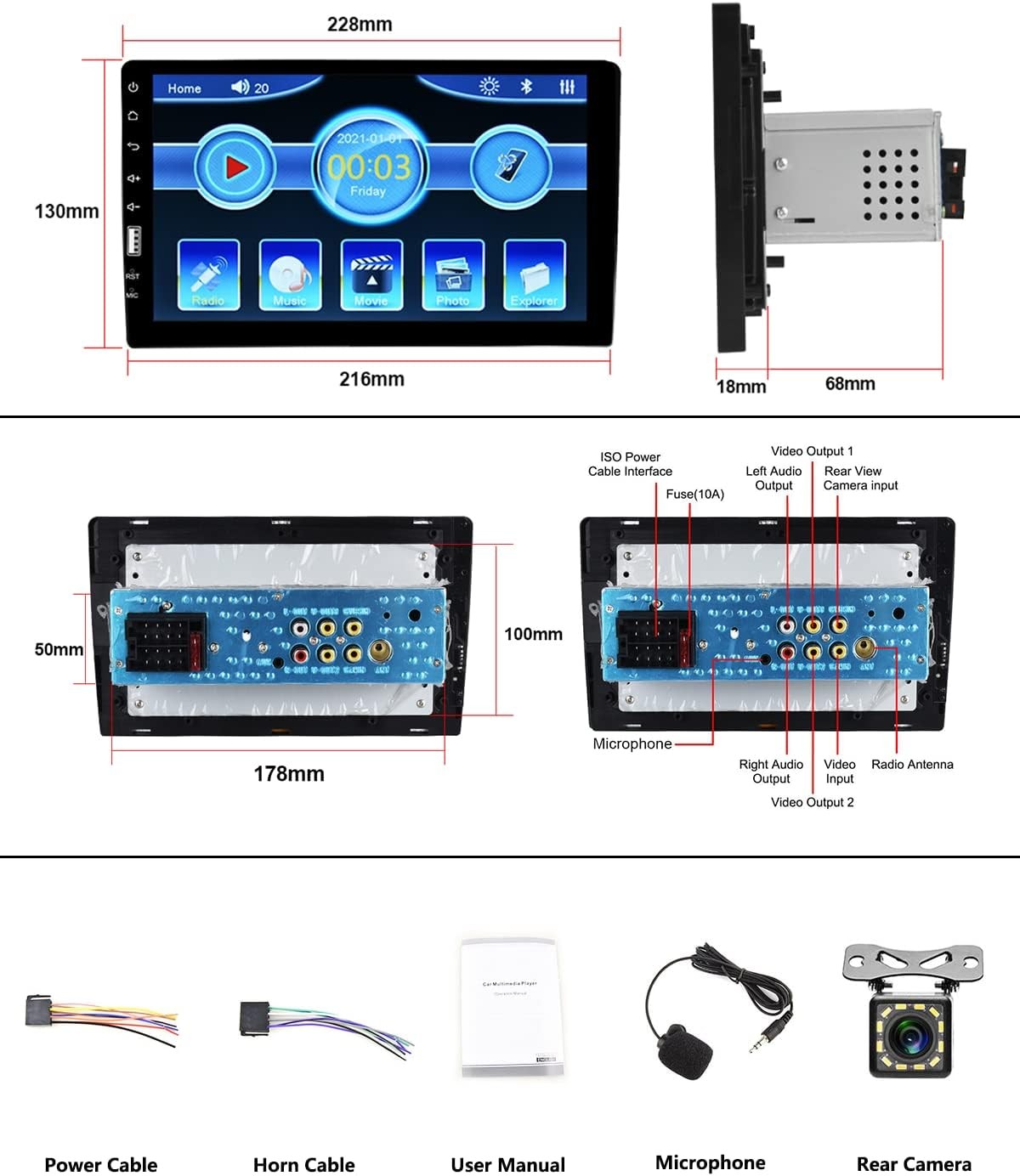 9″ Single 1DIN Touch Screen Car Stereo Radio Bluetooth FM Mirror Link MP5 Camera