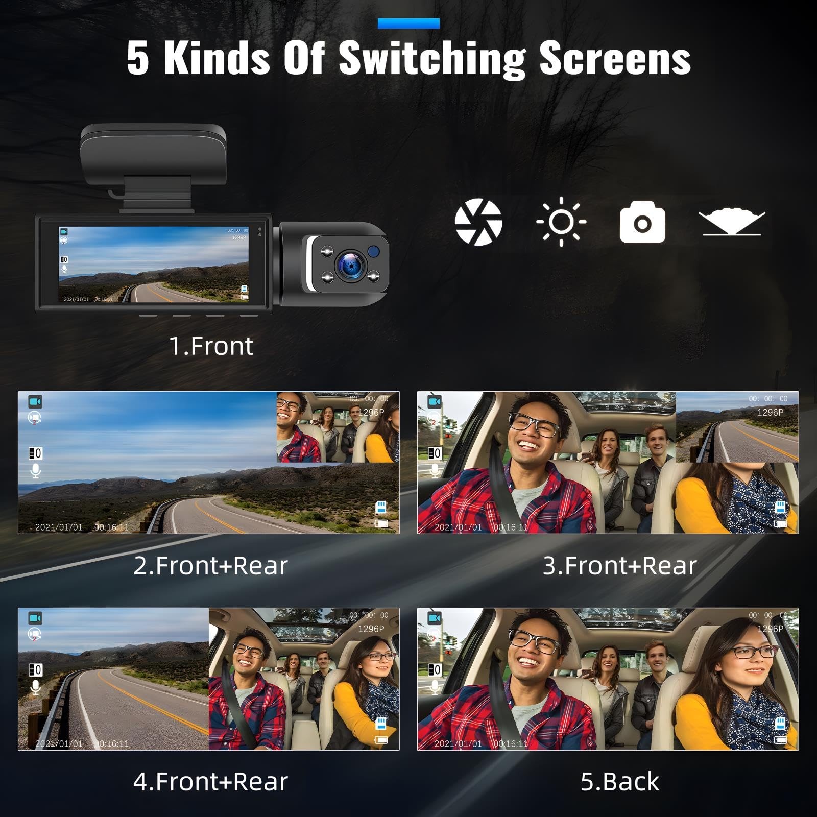 CAMECHO Dual Dash Cam 1080P Front & Inside, IR Night Vision, Loop Record, G-Sens