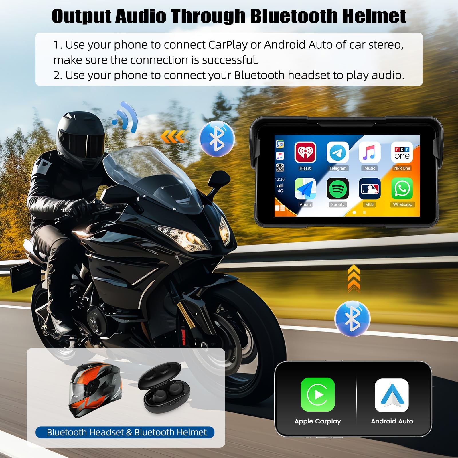 CAMECHO Wireless Motorcycle CarPlay & Android Auto 5 inch Touch Screen