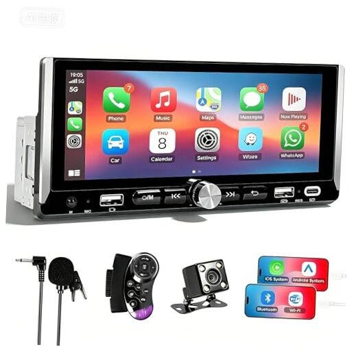 Single Din Car Stereo with Wireless Apple Carplay and Android Auto, 6.86″ IPS
