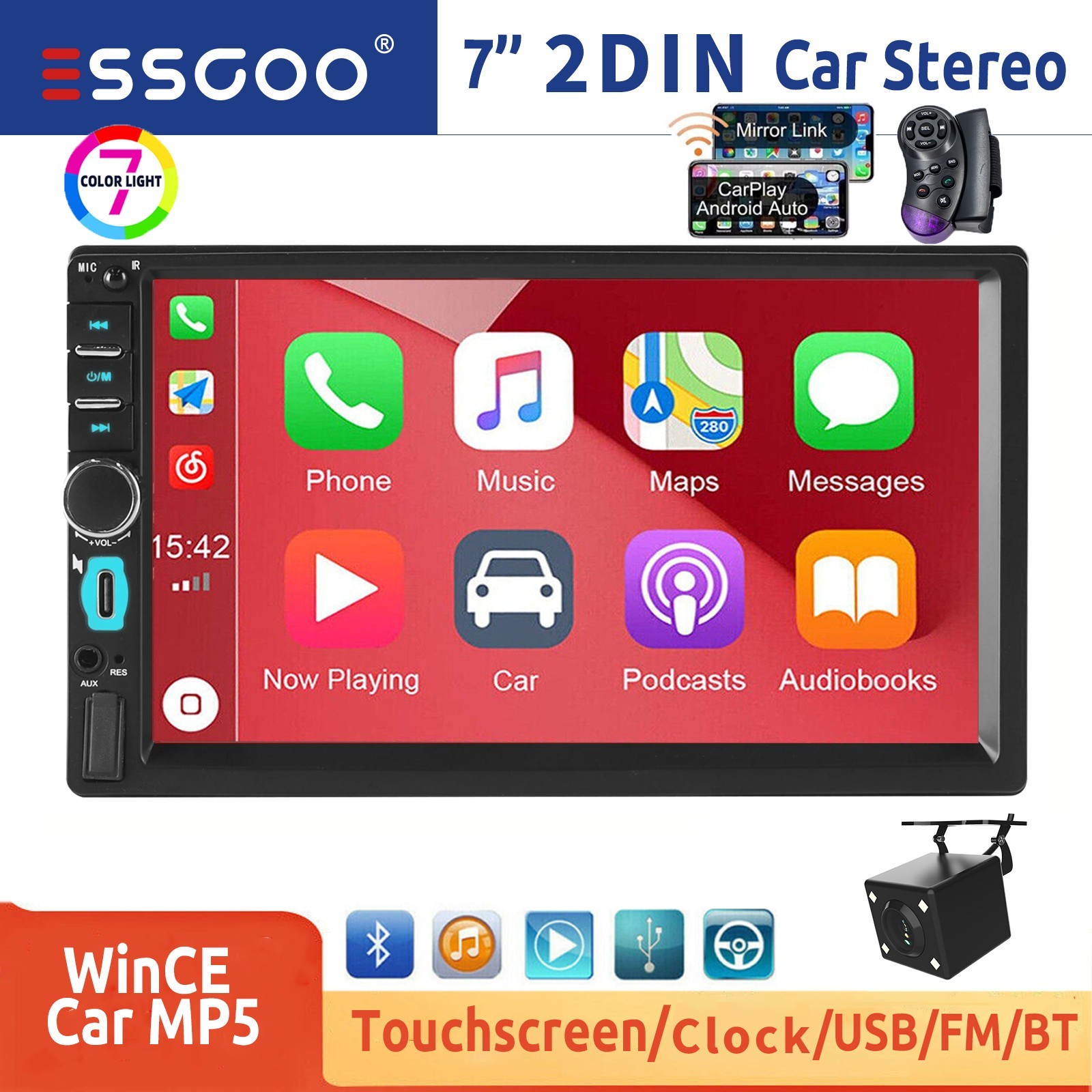 7 inch Double 2 DIN Car Stereo Radio HD Touchscreen CarPlay USB+Type-C FM SWC BT