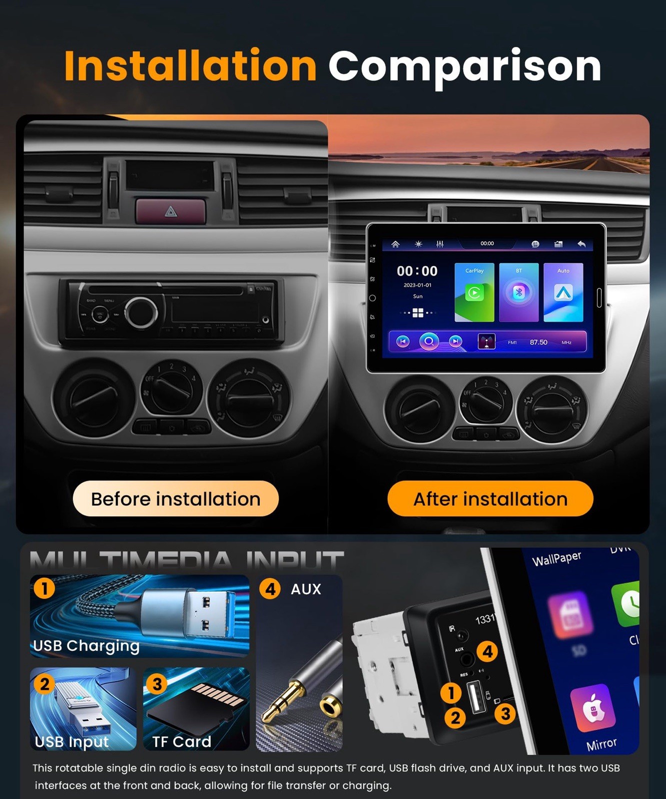 10.1″ Single DIN Car Stereo Wireless CarPlay Android Auto BT 5.2 HD Touchscreen