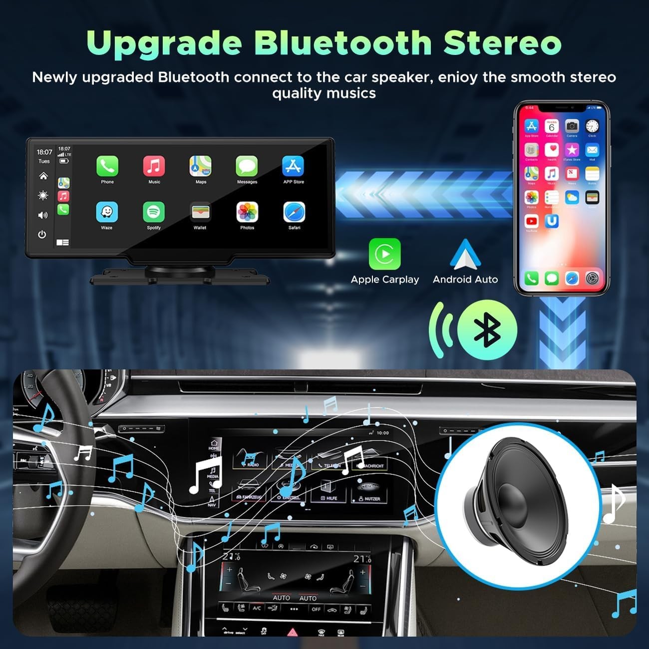Wireless Apple Carplay Android Auto Car Stereo 2.5K+AHD 1080P Dash Cam DVR 64GB