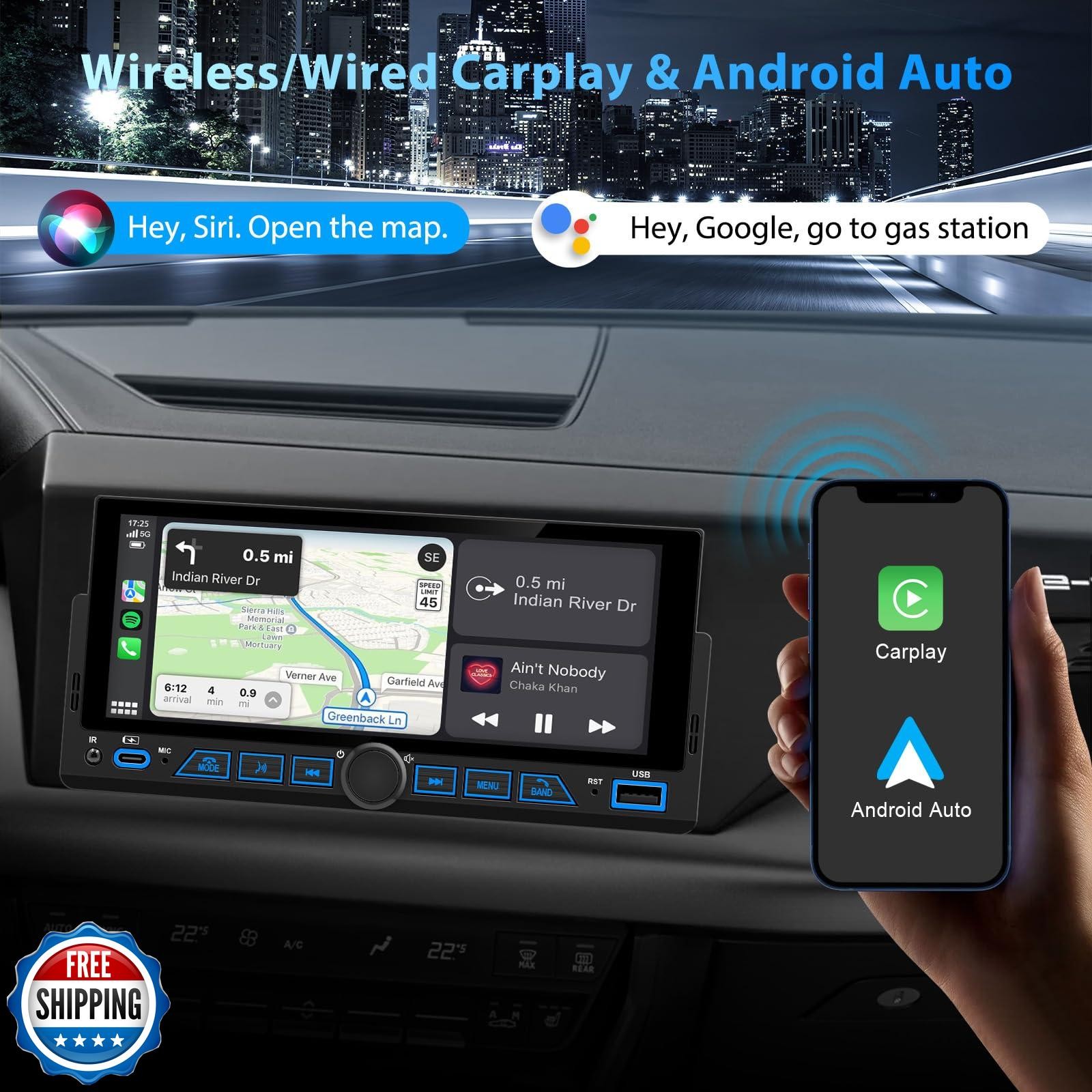 6.86″ Wireless Single Din Touchscreen Radio Apple Carplay Android Auto, Singl