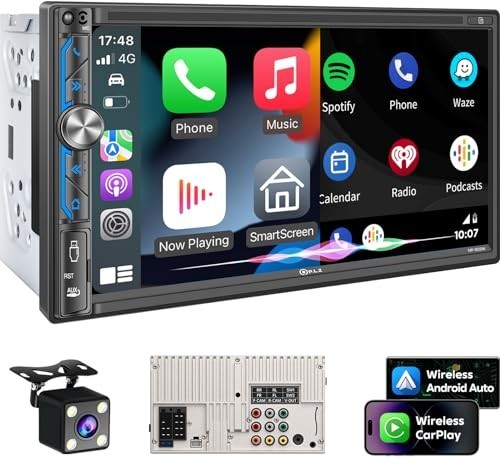 7″ Wireless Double Din Car Stereo – Apple CarPlay, Android Auto, Bluetooth 5.3,