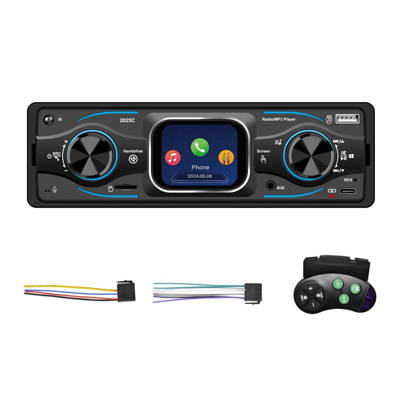 1DIN Car Radio with LED Segment Display, 7 Colors Blue Red Yellow Purple Green