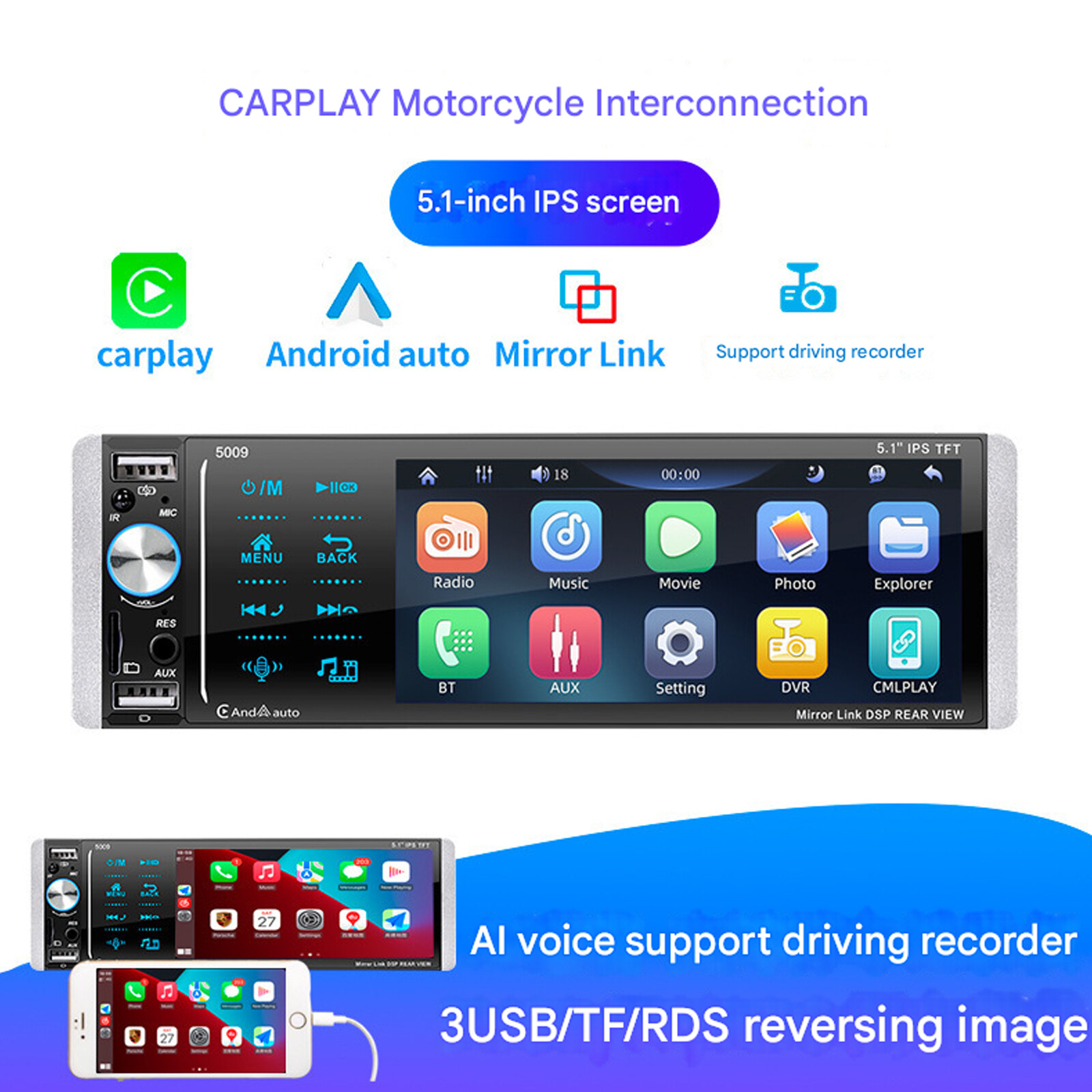 1Din 5.1in Car Radio MP3 USB AUX AM/FM Digital Media Stereo Receiver Mirror Li40