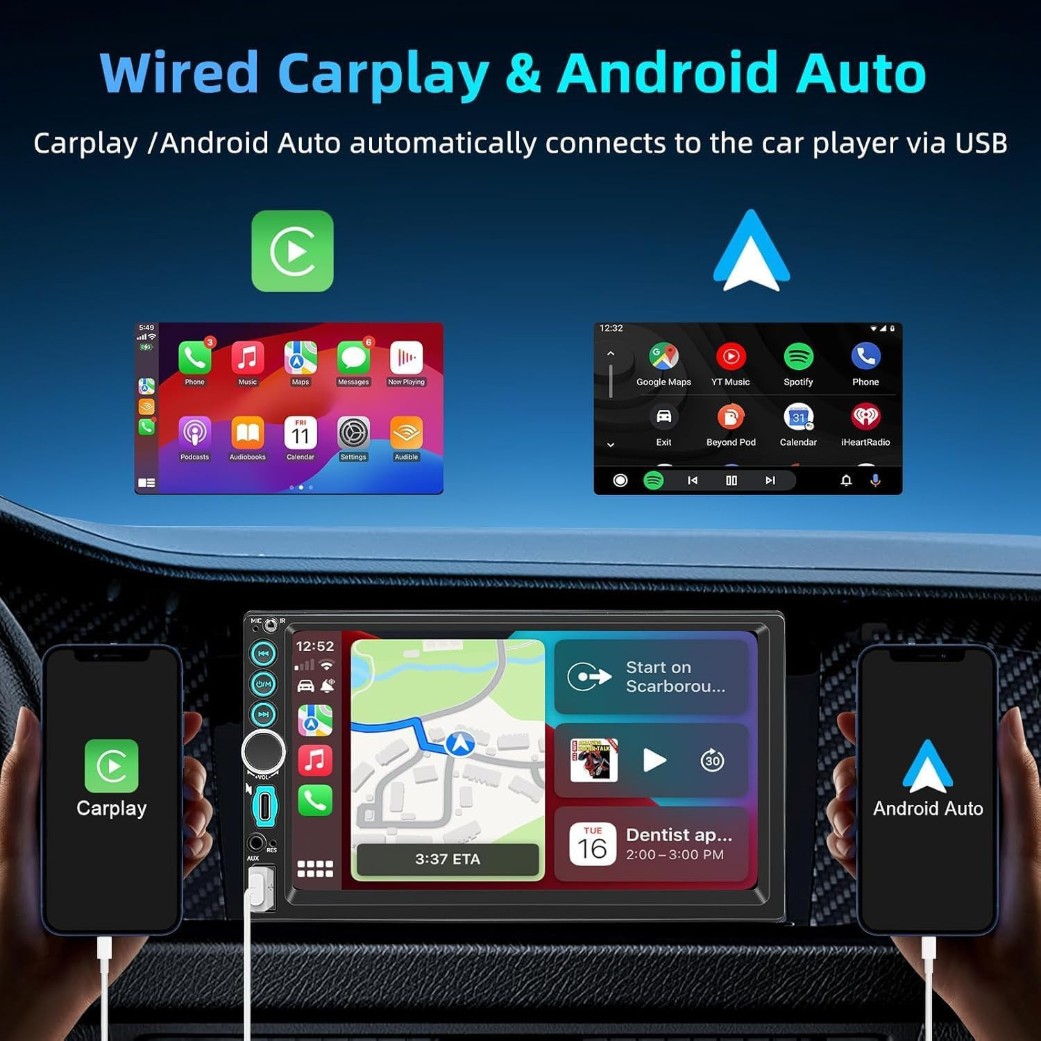 Double Din Car Stereo A-Pple Carplay Radio Screen for Car Audio Receivers, Bluet
