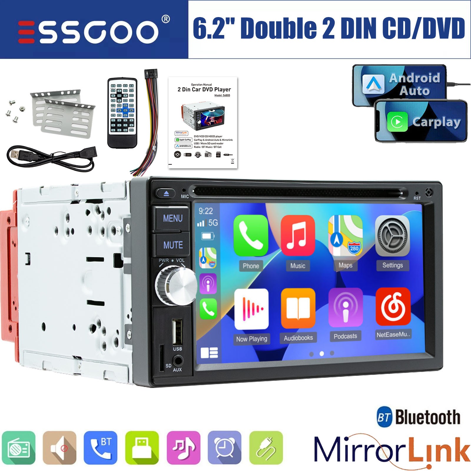 2 DIN 6.2″ Carplay Android Auto Car Stereo CD DVD MP5 Radio Bluetooth USB RDS/FM