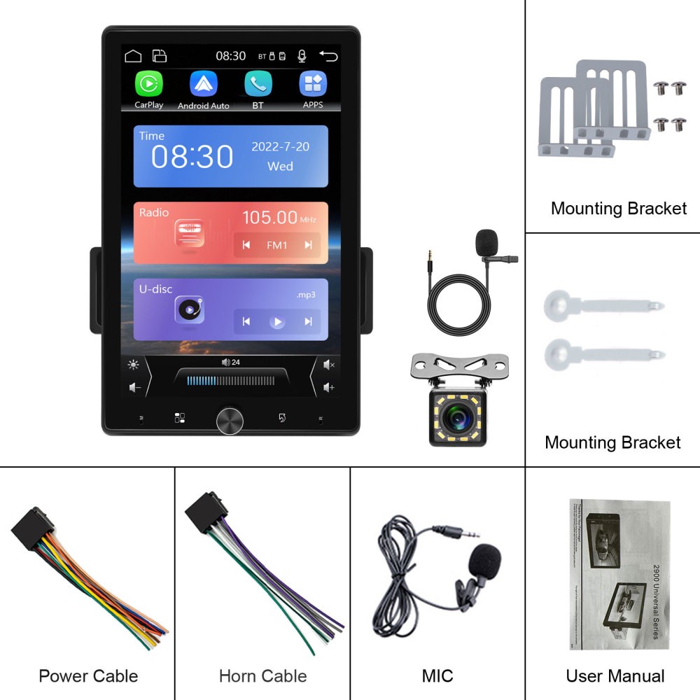 10.4′ Single 1 Din Car Stereo Radio Bluetooth Apple Carplay Wired Touch Screen