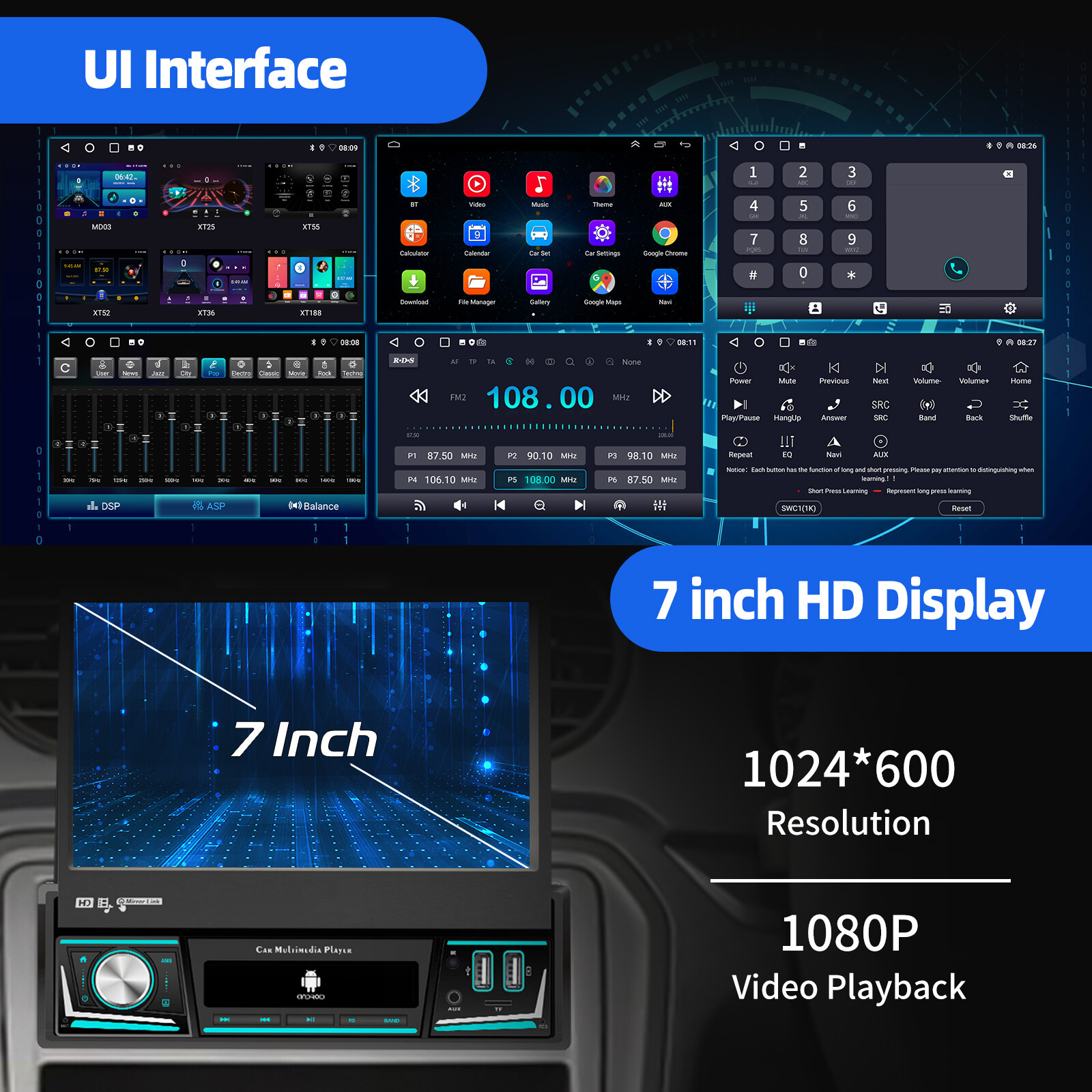 4+64G 1 DIN 7″ Flip Out Android 13 Carplay Car Stereo Radio GPS Navi WIFI FM Cam