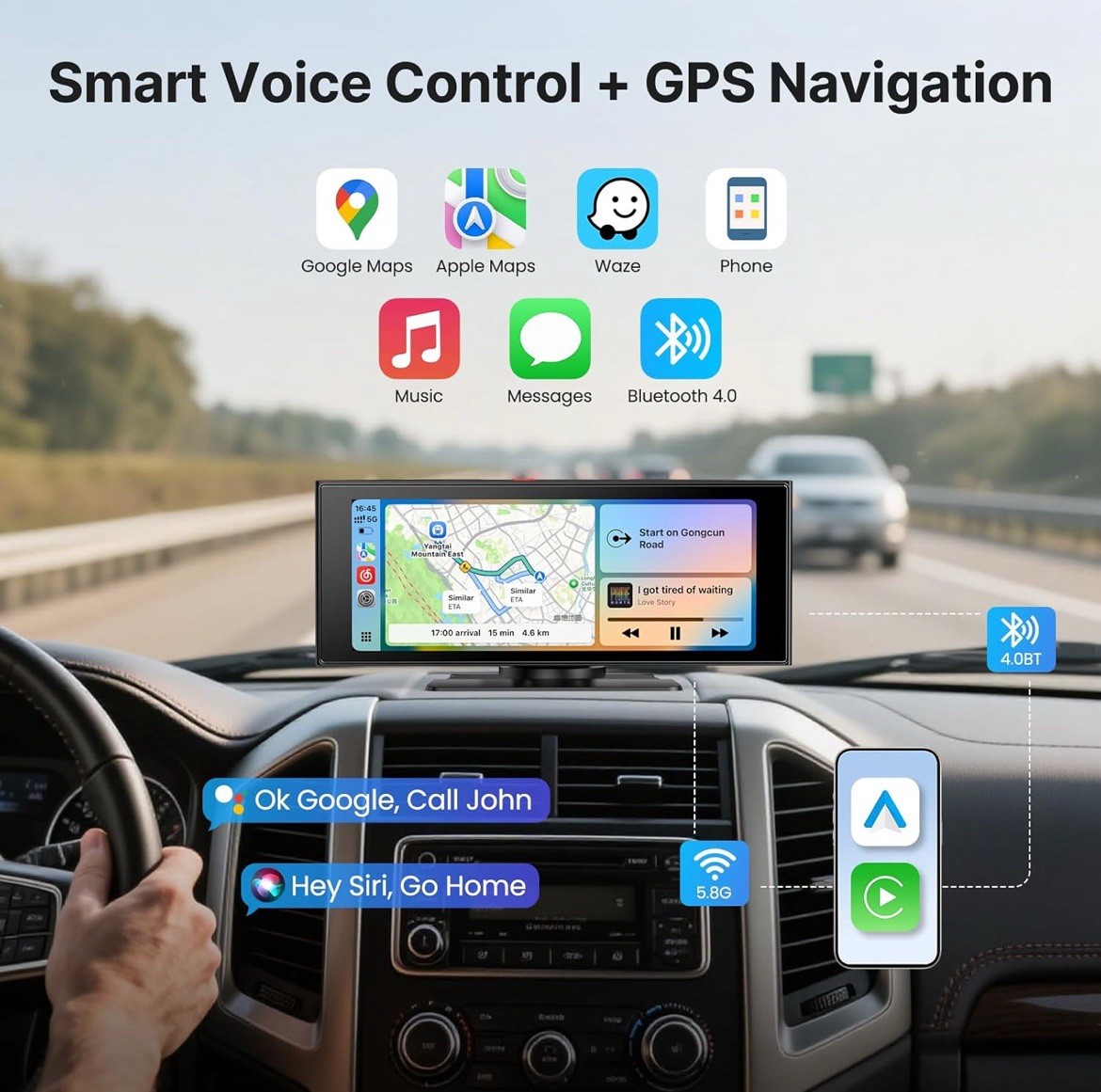 Wireless Car Play Screen, 10.26” Monitor with Apple Carplay & Android Auto
