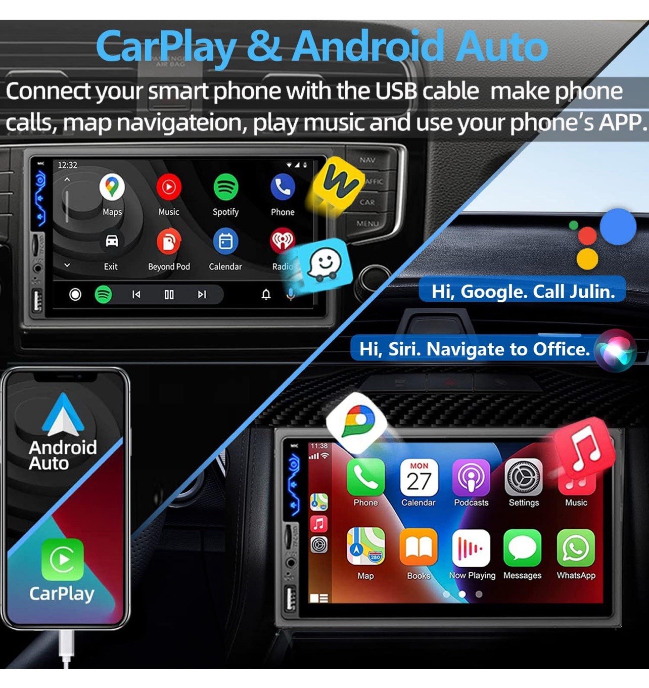 Double Din Car Stereo with Apple CarPlay & Android Auto 7 Inch Touch Screen