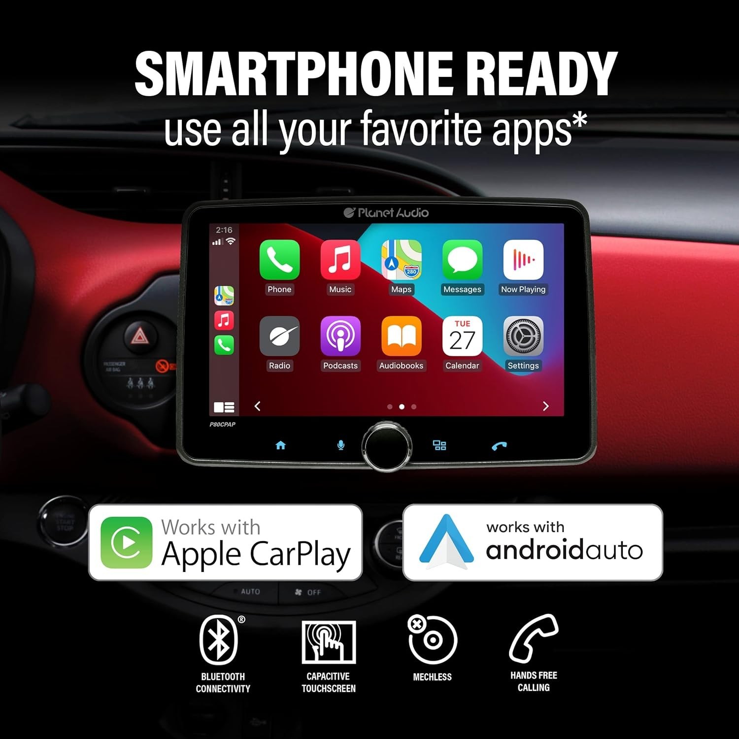 Planet Audio P80CPAP 8 in. Car Stereo Apple CarPlay, Android Auto, Single Din-OP