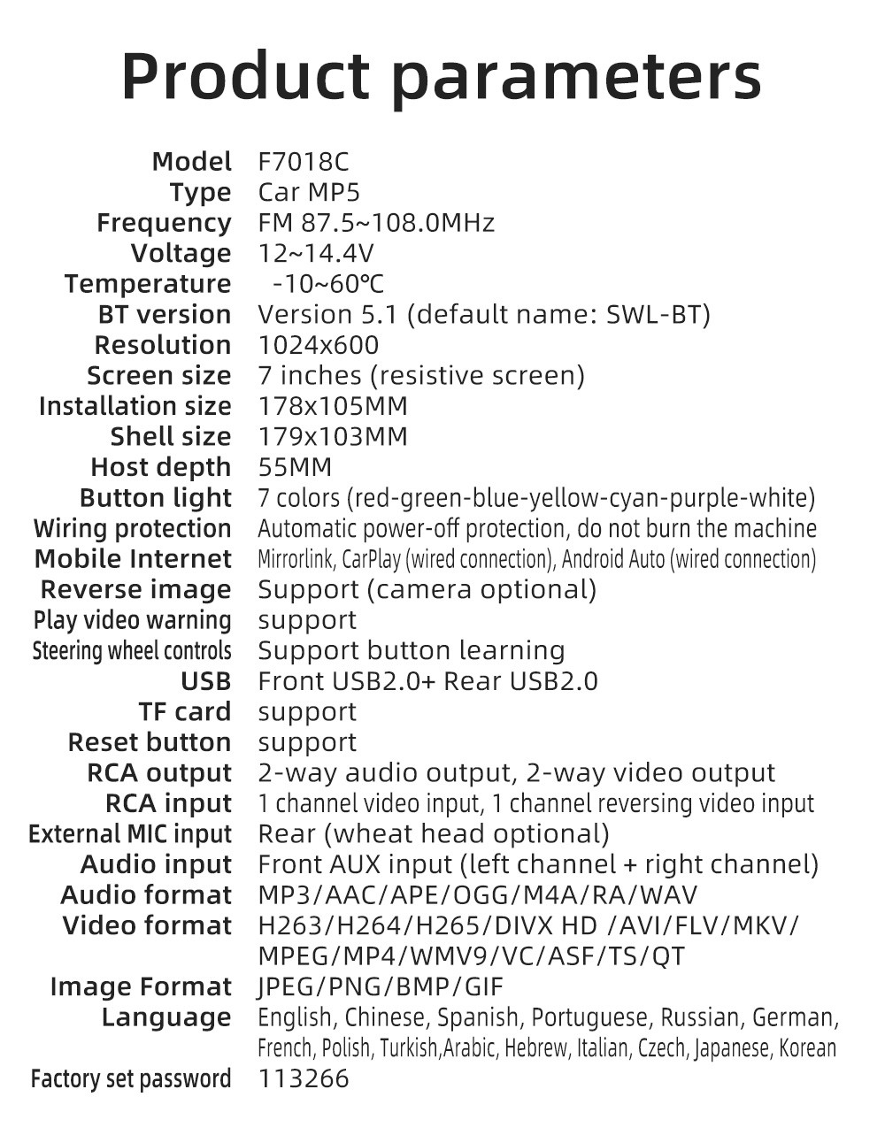 F7018C Reversing Image with Bluetooth & Car MP5 Player Wired CarPlay