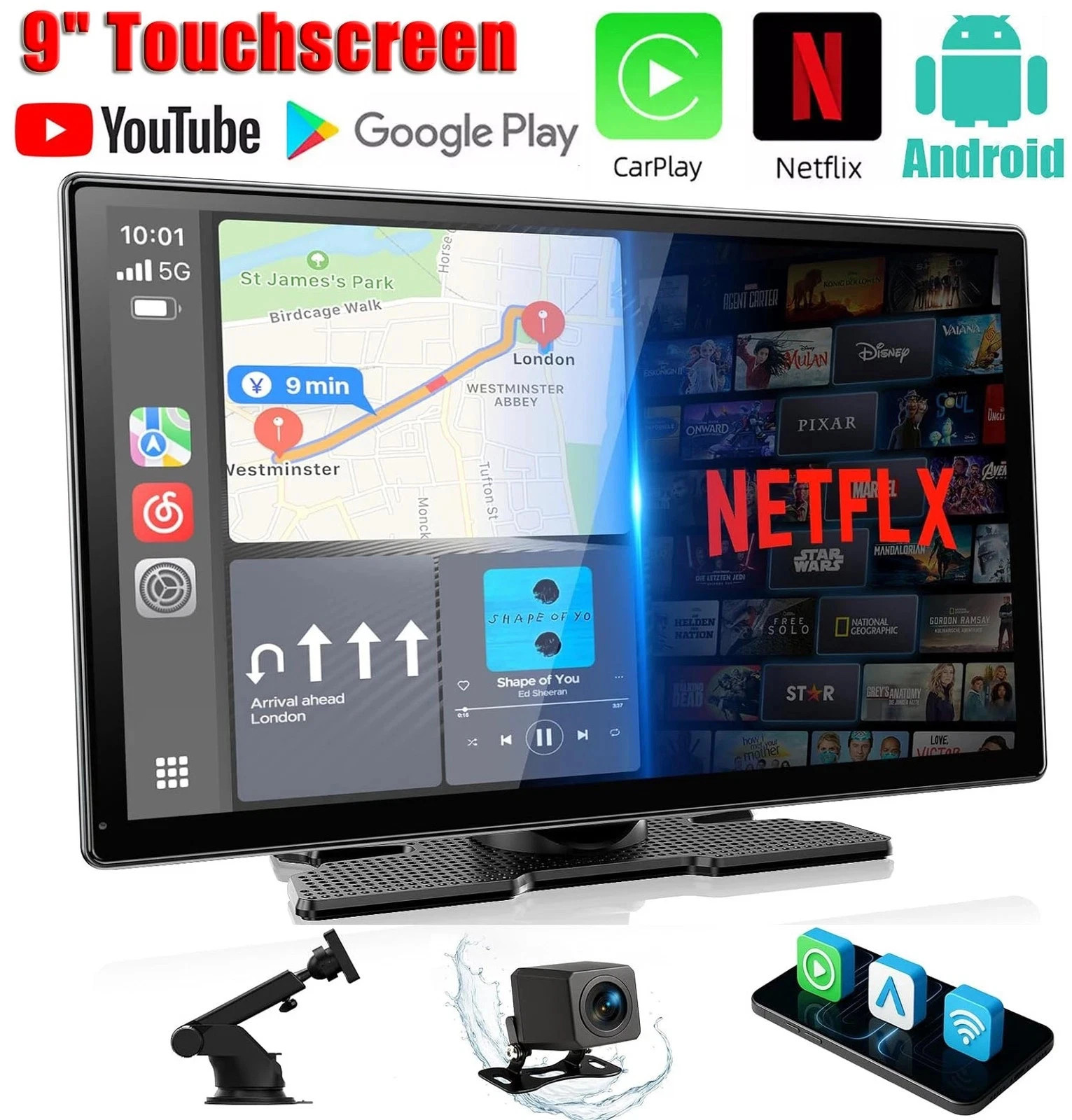 9″ 11″ Wireless Carplay Screen w/ YouTube/Netflix , Android Auto Screen + Camera
