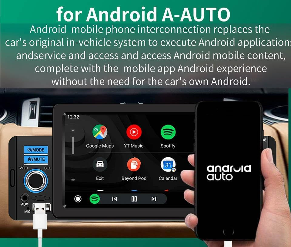 Single Din Car Stereo with Apple Carplay & Android Auto, 5 Inch HD Touch Screen