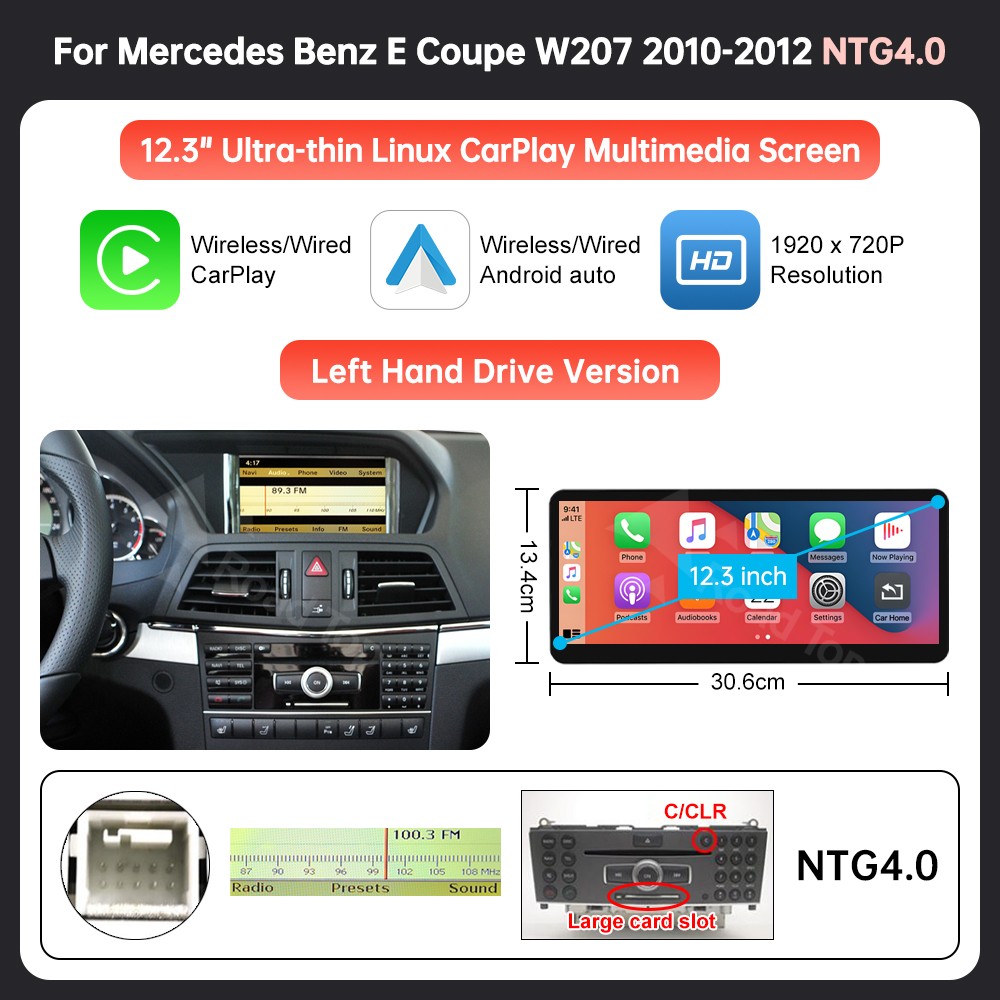 Ultra-Thin 12.3”Wireless Carplay Touchscreen For Mercedes E Coupe C207 2009-16