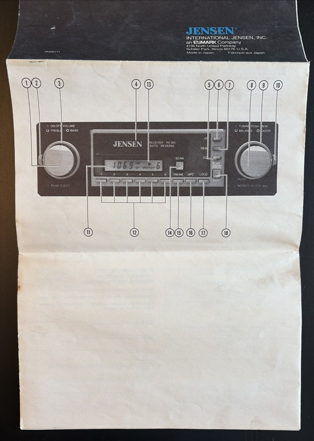 Vtg & Orig Fold Out Manual for Jensen AM/FM Casette Car Stereo Model RE960