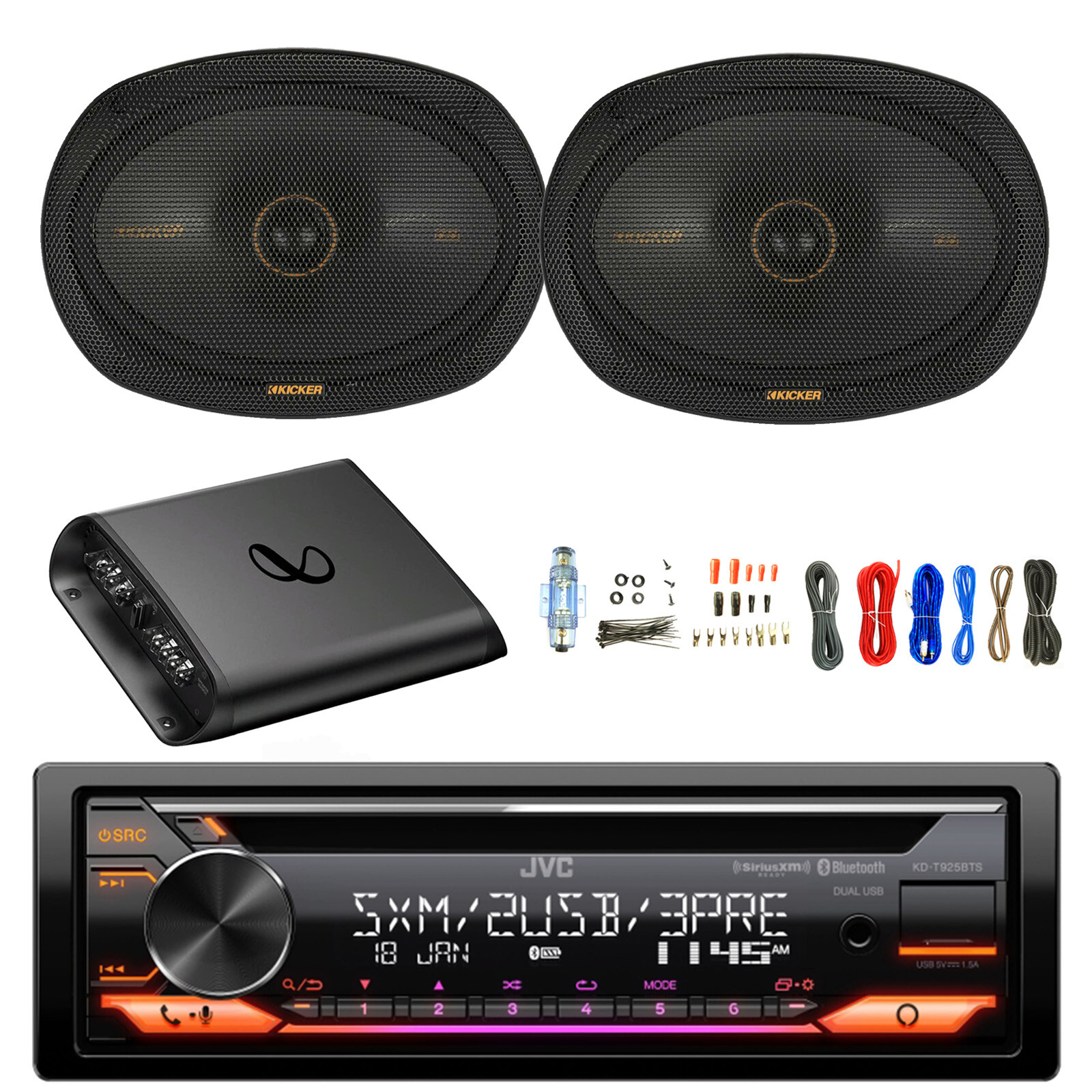 JVC Single DIN Bluetooth AM/FM CD Receiver, 2x 6×9″ 300W Speaker, Amp w/Kit