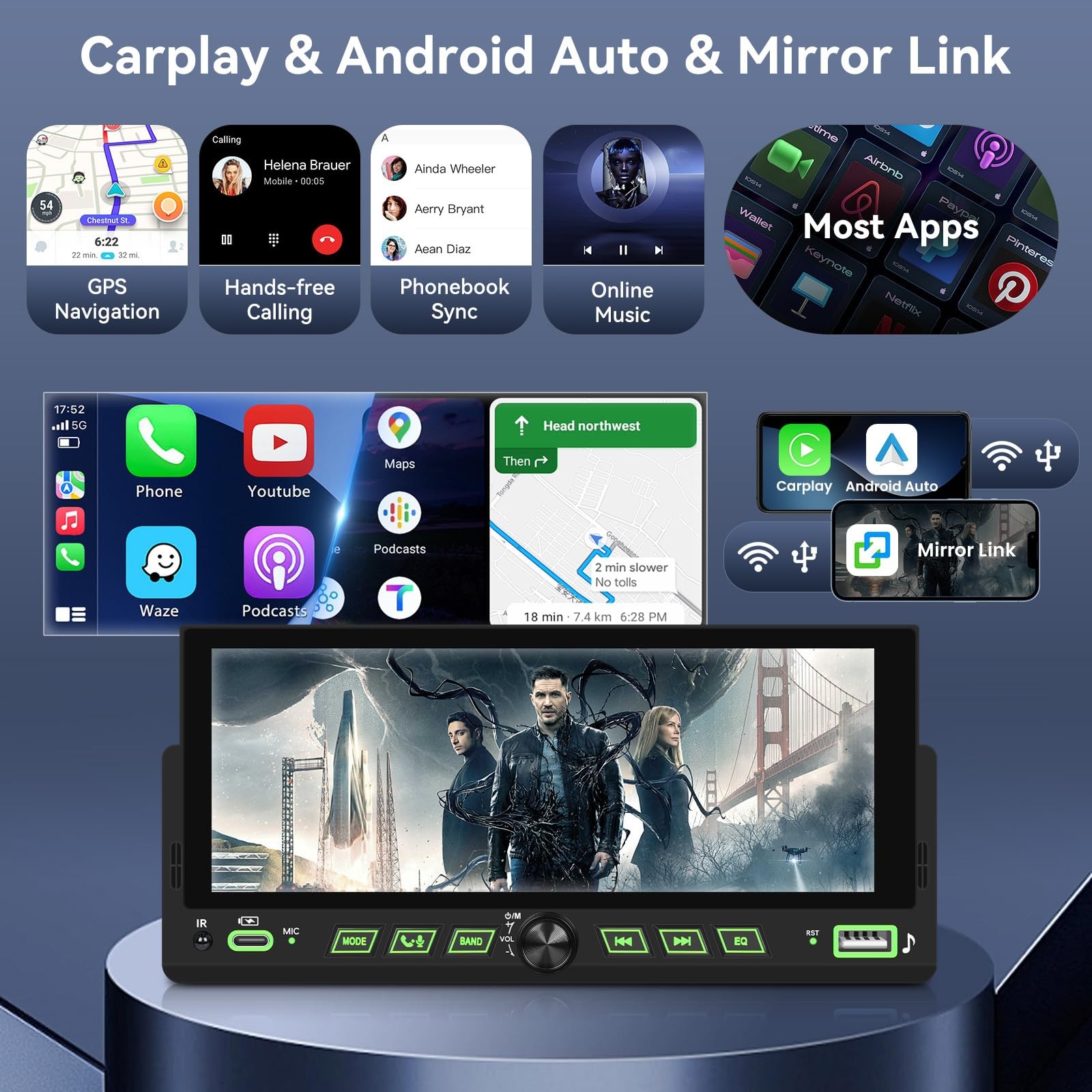 6.9” Single Din Car Stereo with Wireless Apple Carplay Android Auto, 1Din To…