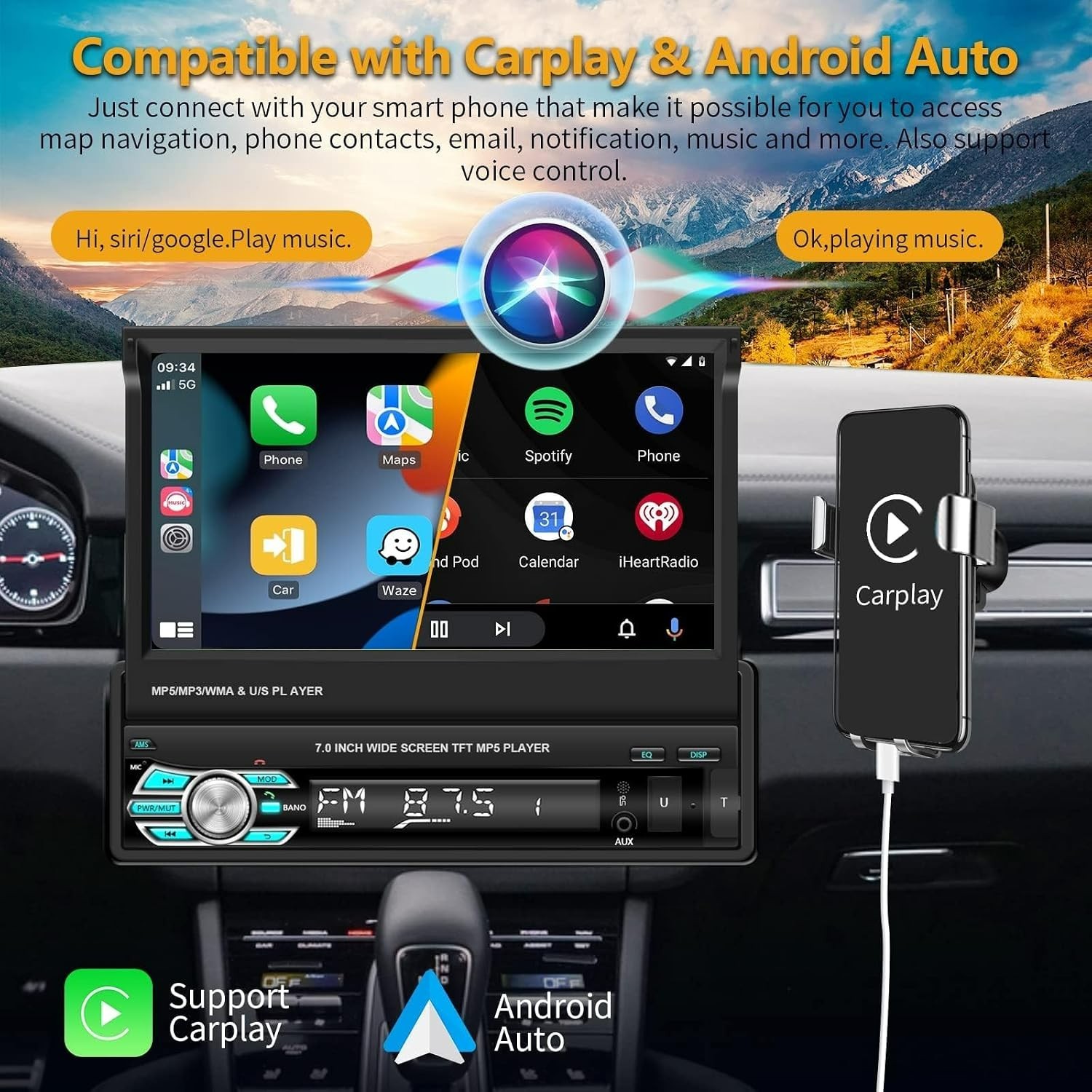 Single Din Car Radio with 7” Flip Out Screen, Android Auto & Bluetooth Access