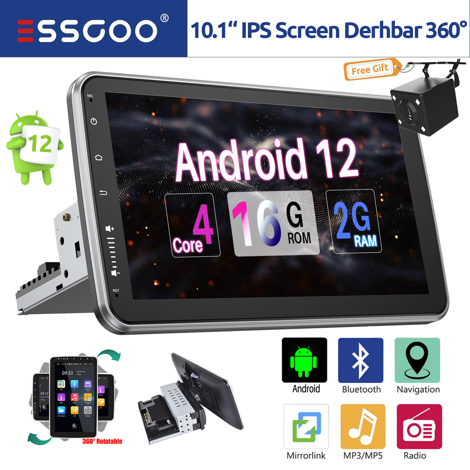 10.1” Android 12 Car Stereo HD Radio Rotatable TouchScreen GPS WiFi Single 1DIN