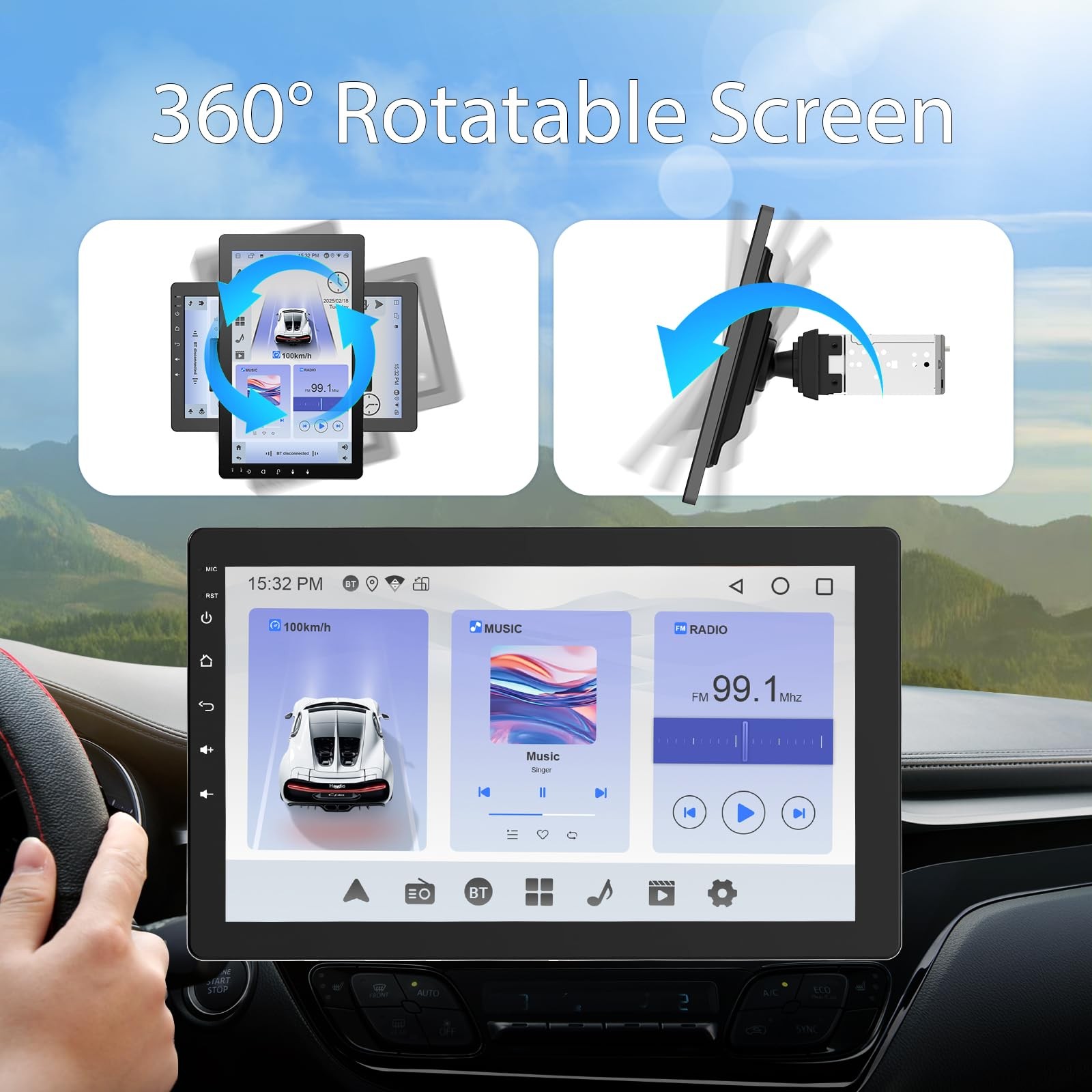 Haudio 10.1 inch Single Din Car Stereo, Rotatable Touch Screen Radio with Wir…