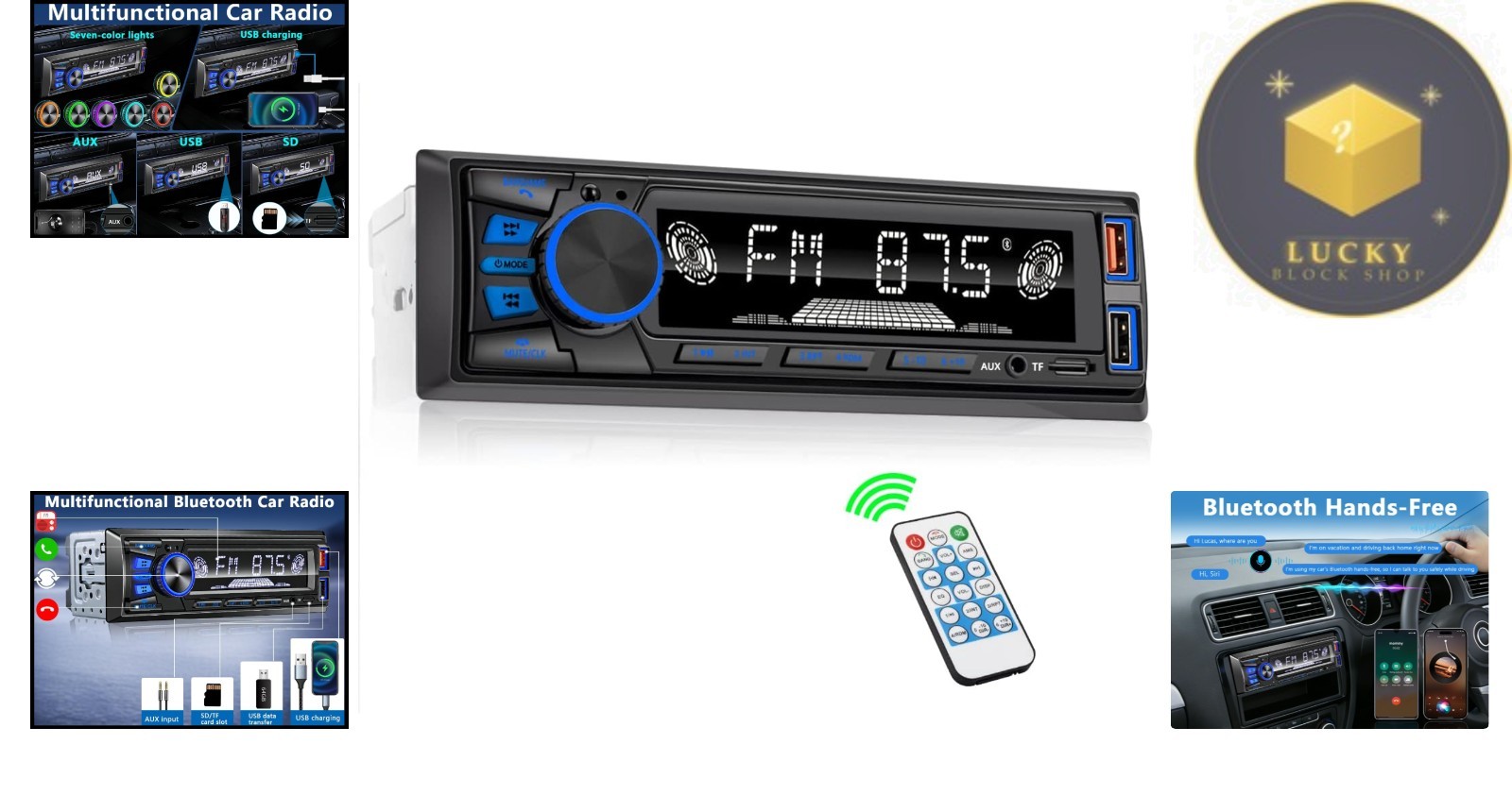 Compact Bluetooth Car Radio with Adjustable LED Ambiance & USB Charge Ports