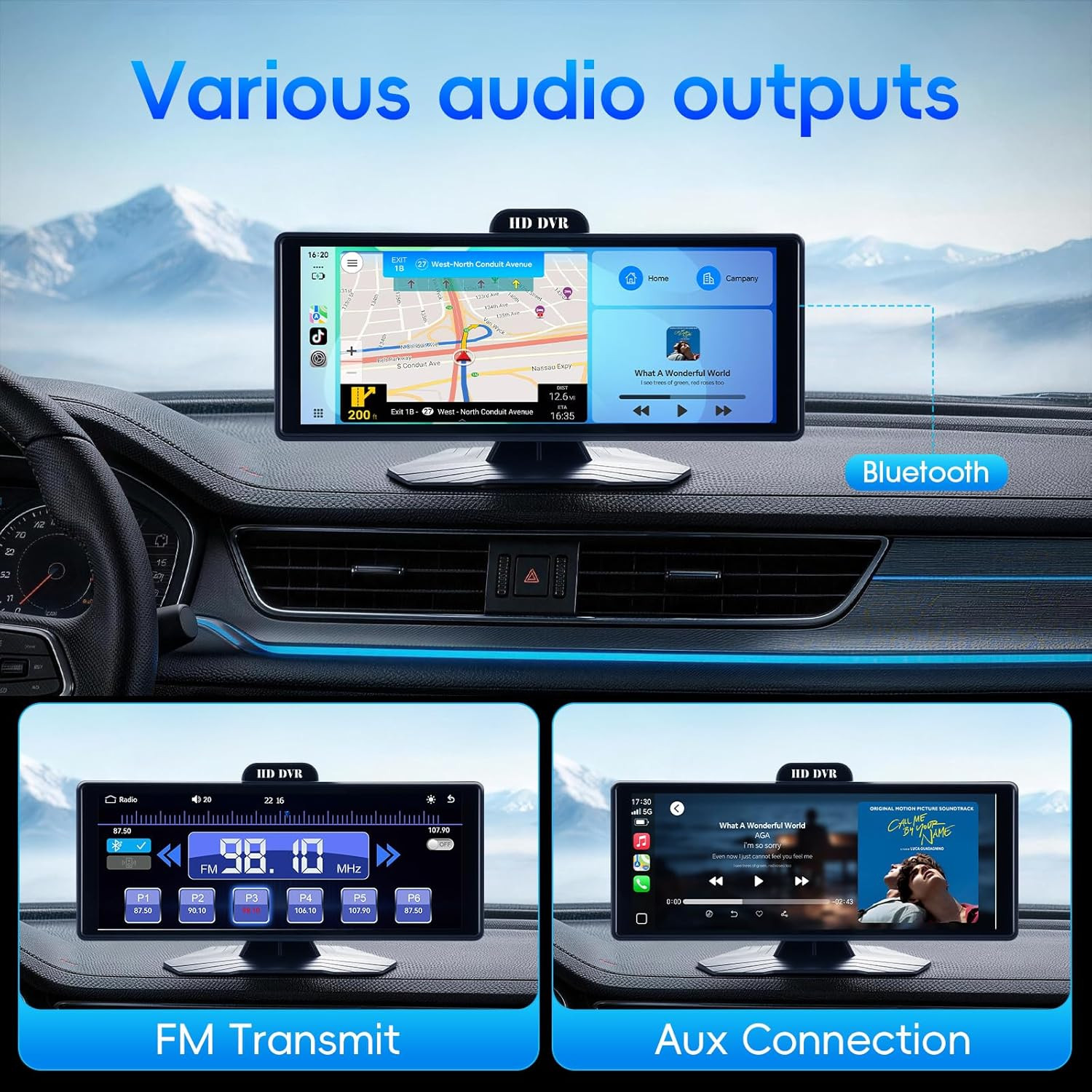 10.26″ Portable Wireless Carplay & Android Auto Display with Dash Cam & Backup C