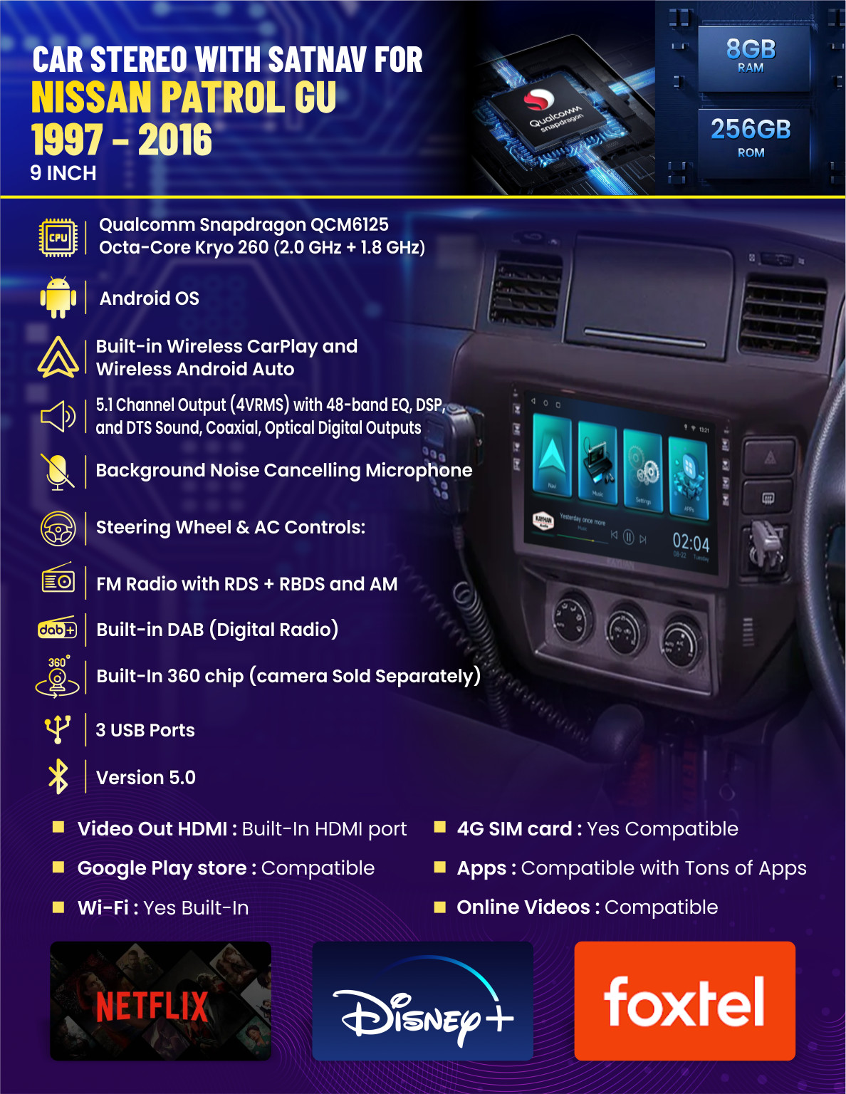 Car Stereo with SatNav for NISSAN Patrol GU 1997 – 2016 | Version 6 | 9 inch