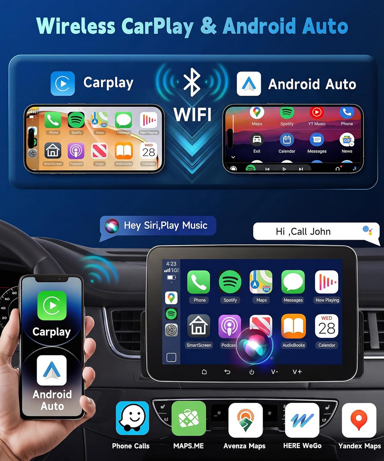 4G+64G Android Single Din Car Radio Stereo with Wireless Carplay & Android Auto