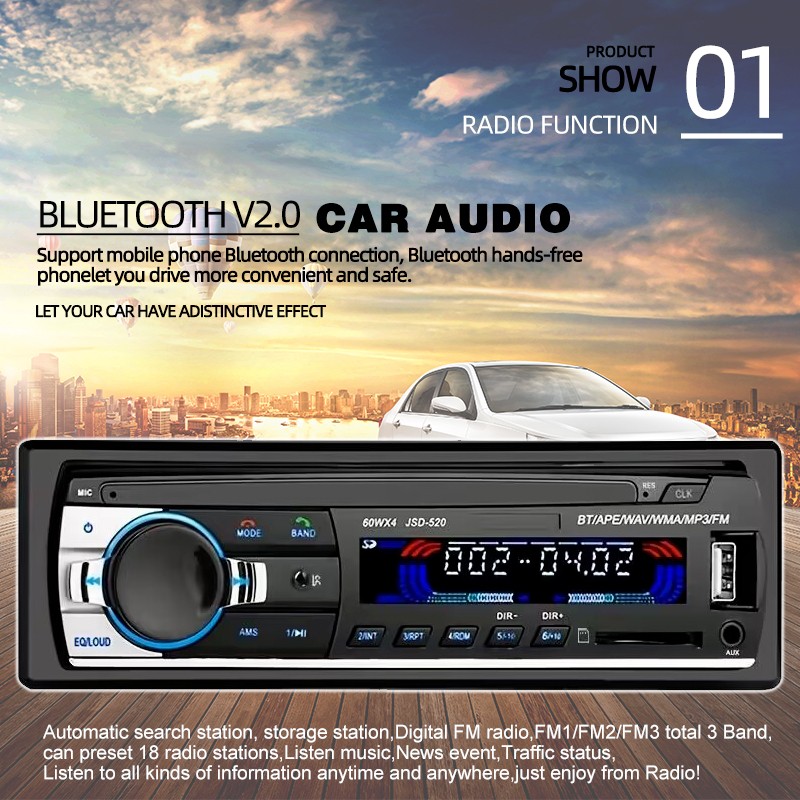 4x60W Single Din In-Dash Car Radio with Steering Remote Bluetooth MP3 Player