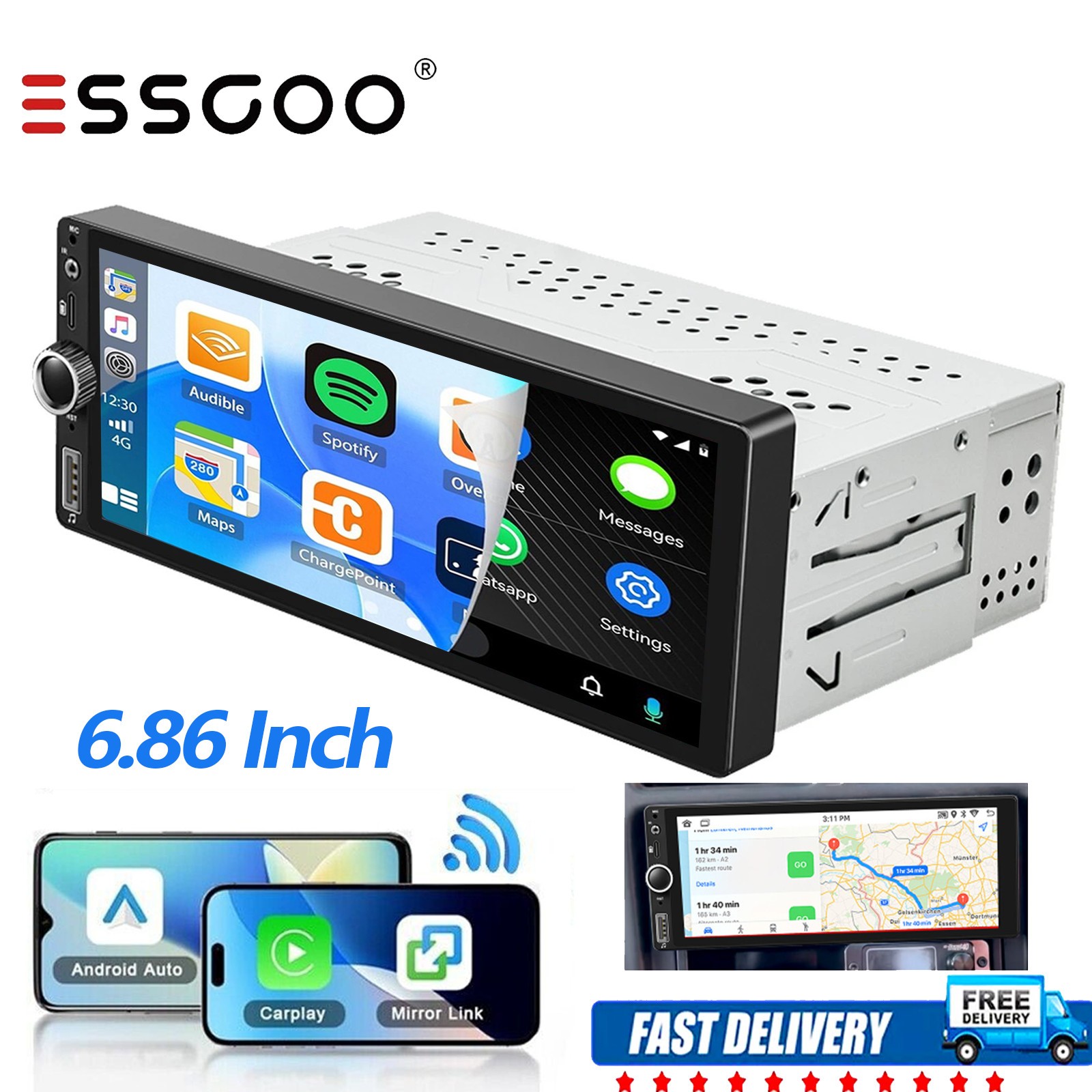 Single 1Din Car Stereo Wireless Apple CarPlay 6.86 inch Touchscreen Bluetooth FM