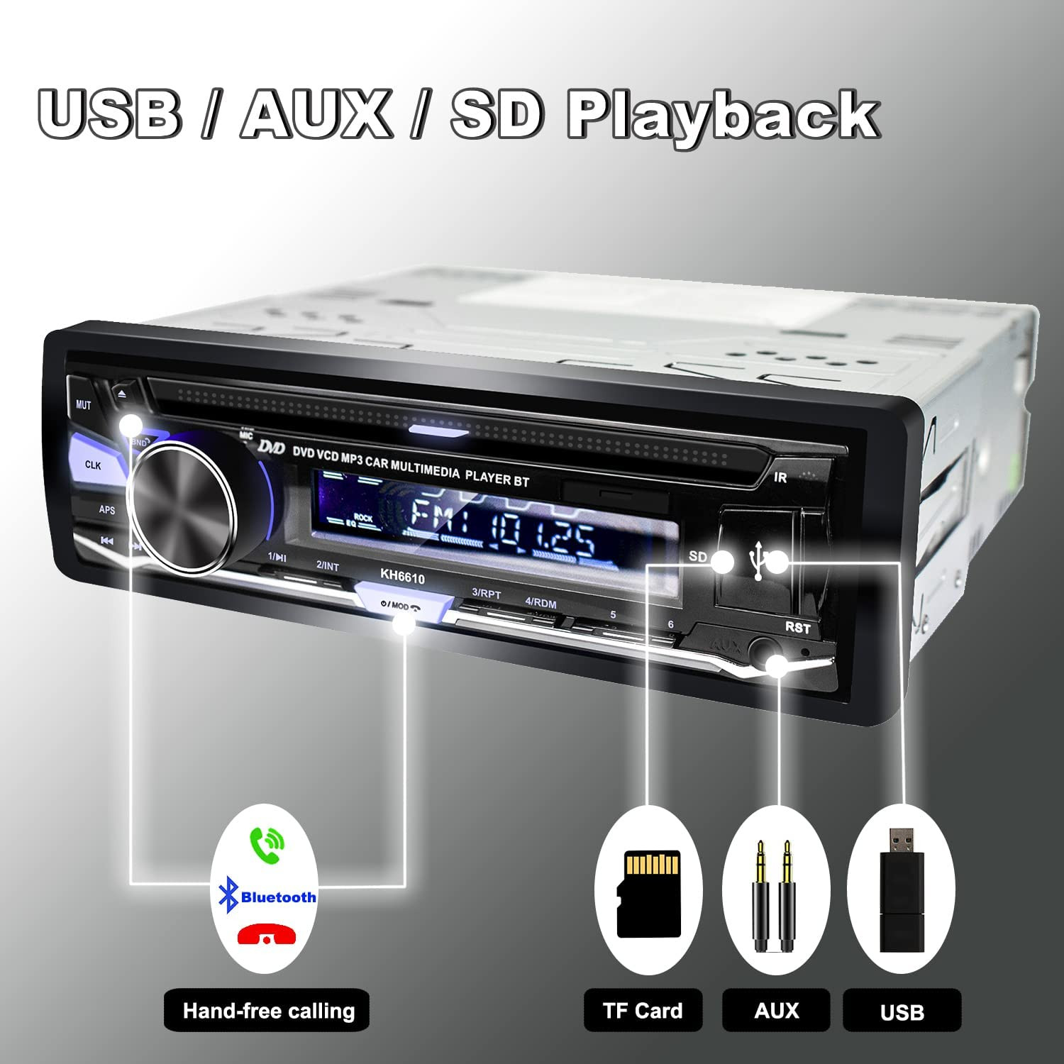 Single Din Car Stereo with CD/DVD Player | Bluetooth | FM/AM/RDS Radio | USB SD