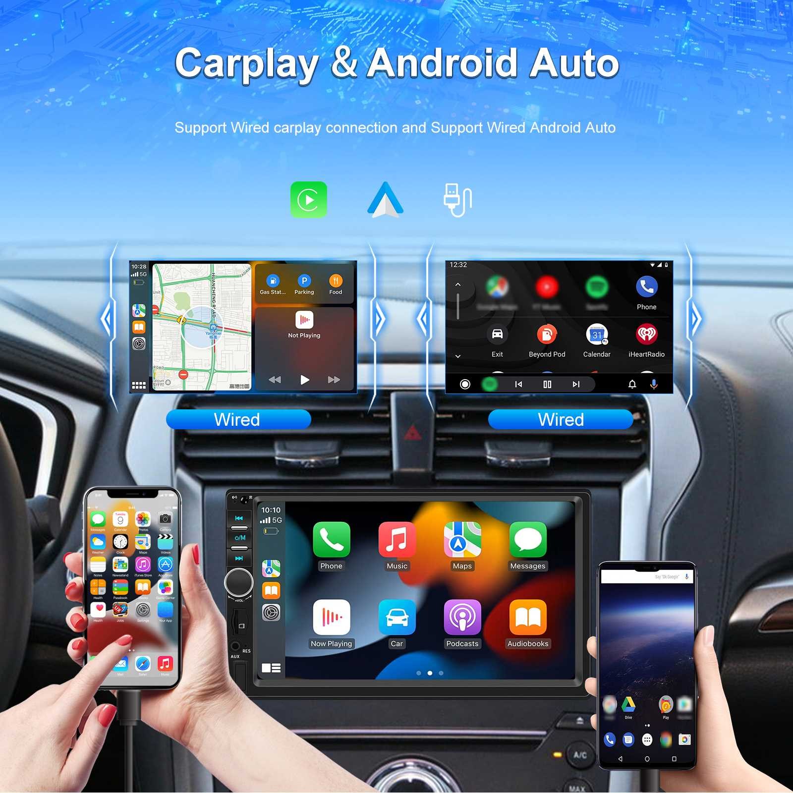 Double Din Apple Carplay Android Auto 7″ Car Stereo Radio Bluetooth Touch Screen