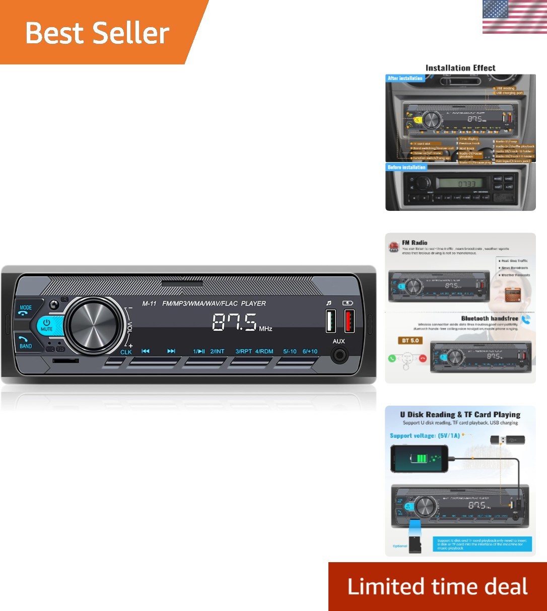 Compact Single Din Car Audio System with Remote Control & Voice Control Function
