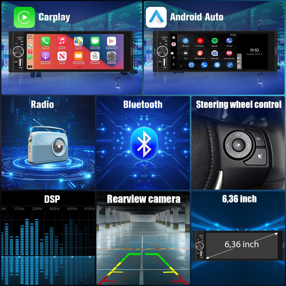 Rear Camera MIC 6.36″CarPlay Android Auto Universal Car Stereo Multimedia Player